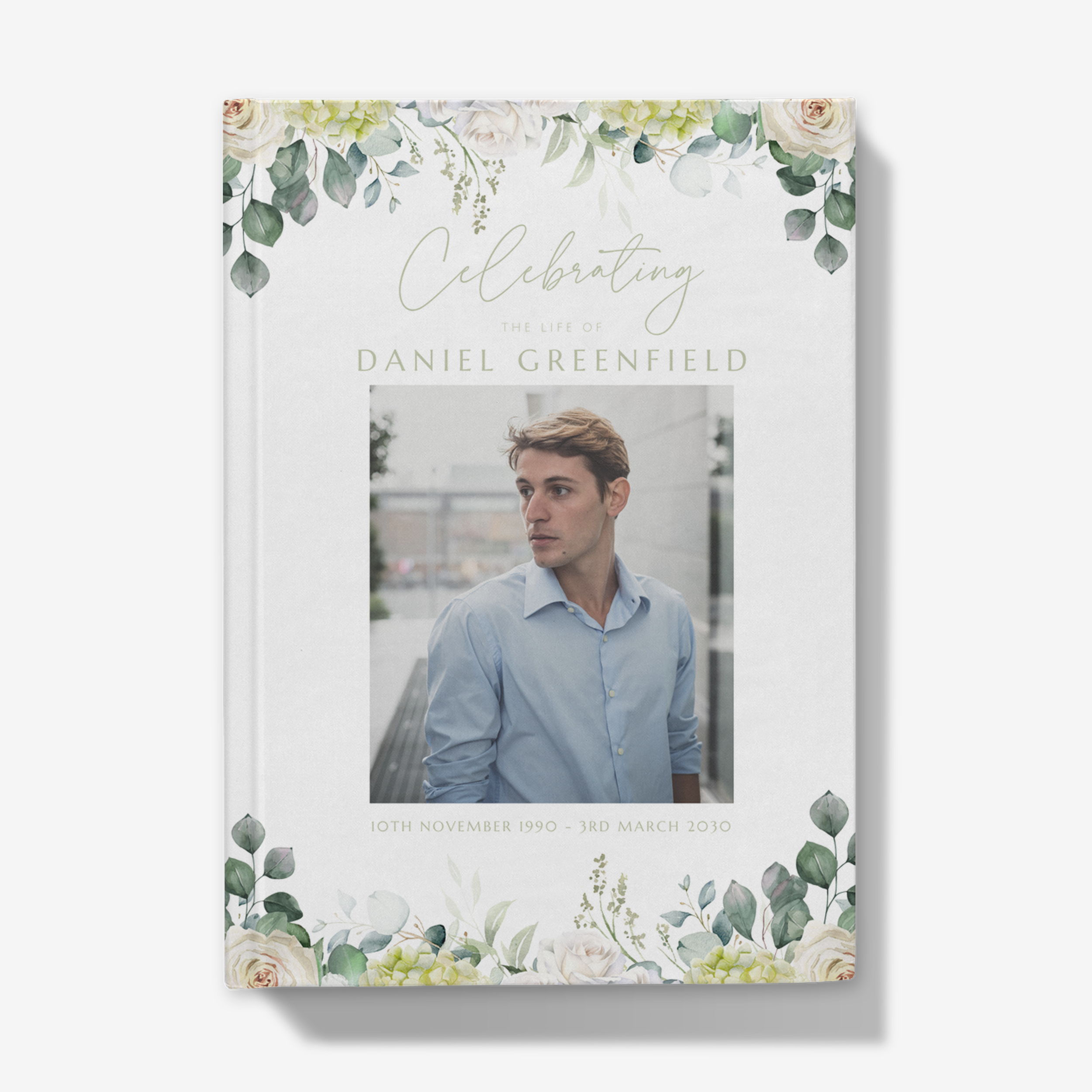 Green foliage funeral condolence book with photo