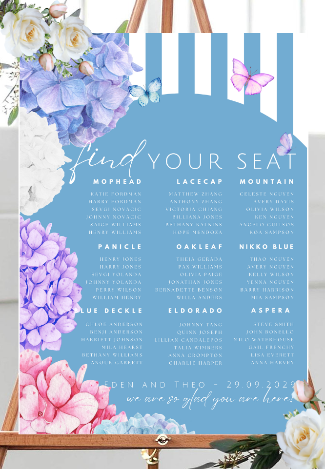 Hydrangea wedding seating chart