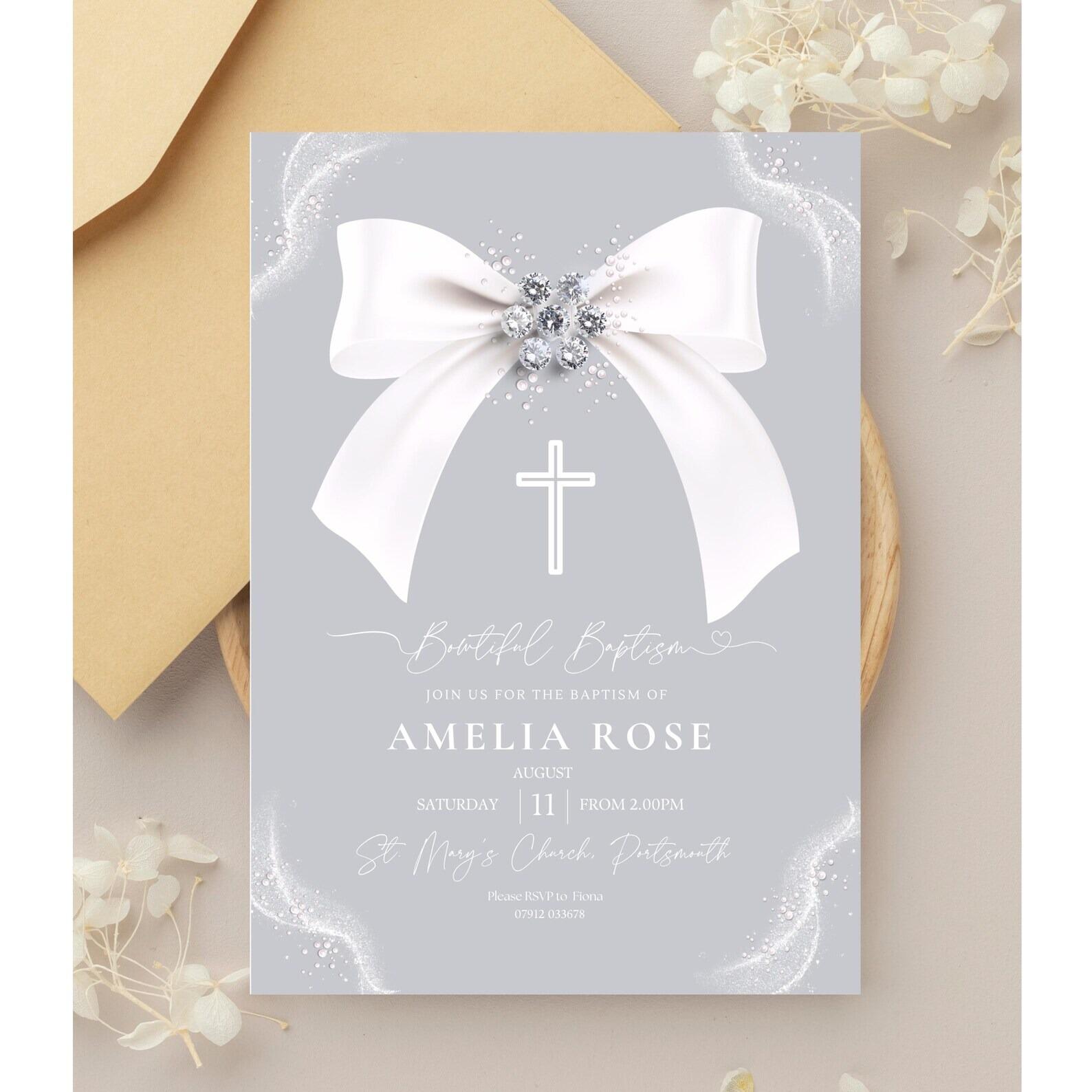 Bowtiful Baptism Invitations, baptism invites, christening invitation, christening invites, bow theme christening