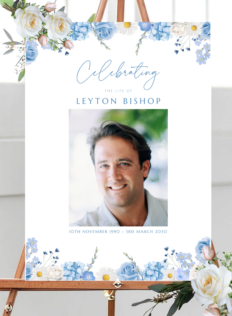 Blue Floral Funeral Sign