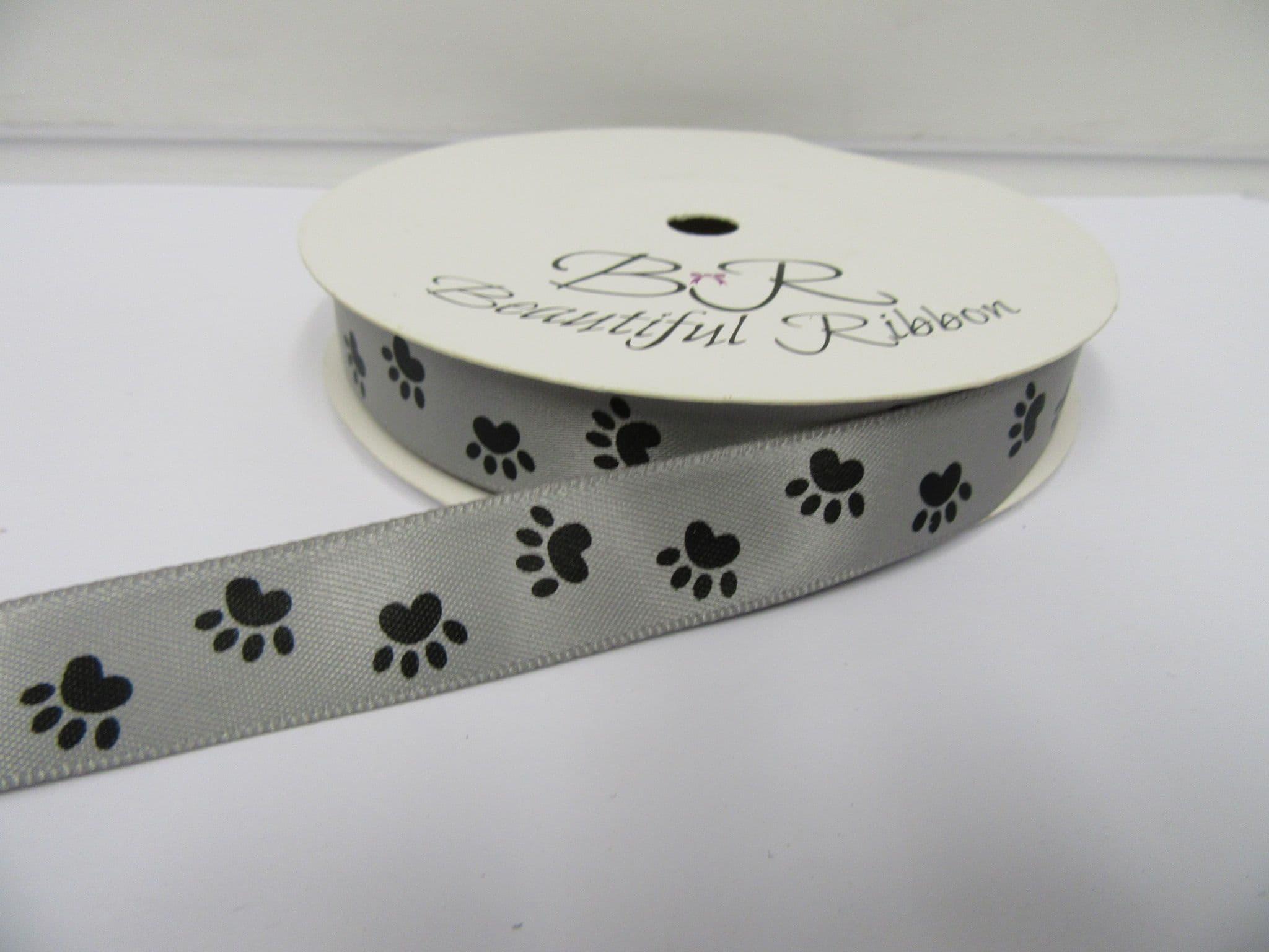 Black Paw Print on White Satin Ribbon, 1/4x50 yards