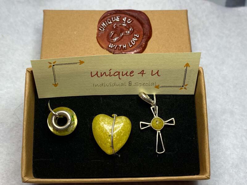 Triple Order in favourite colour of Yellow. A Small Silver Cross with a 5mm Stone, A Pocket Heart and a Pandora Style Bead all with Ashes.