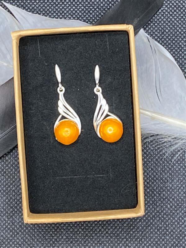 Dropped Twist Style Silver Earrings with Fire Orange 10mm Stones containing Ashes.