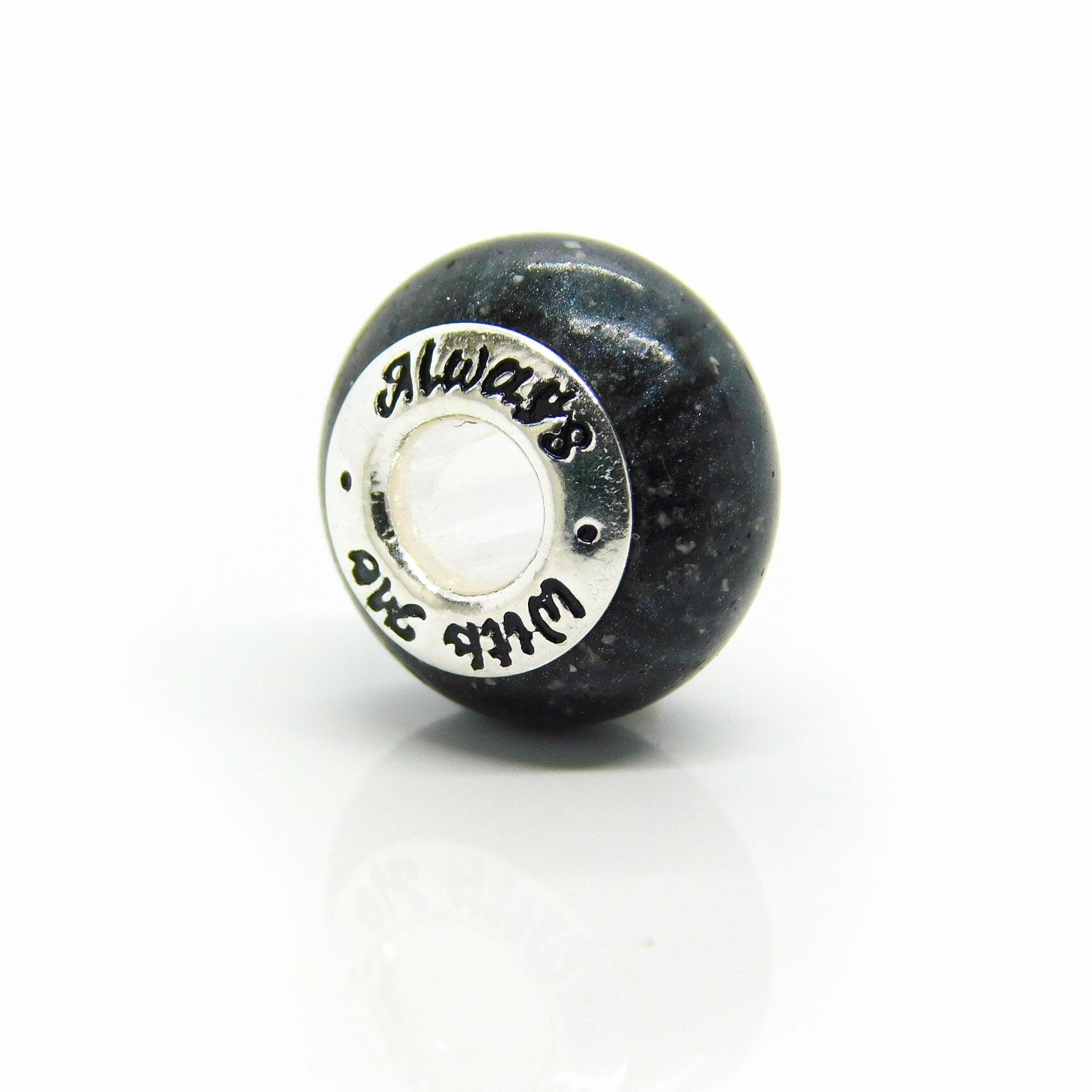 Black Bead Charm for a Pandora style Snake Bracelet. Contains Ashes and has Sterling Silver Inserts with Always With You engraved.