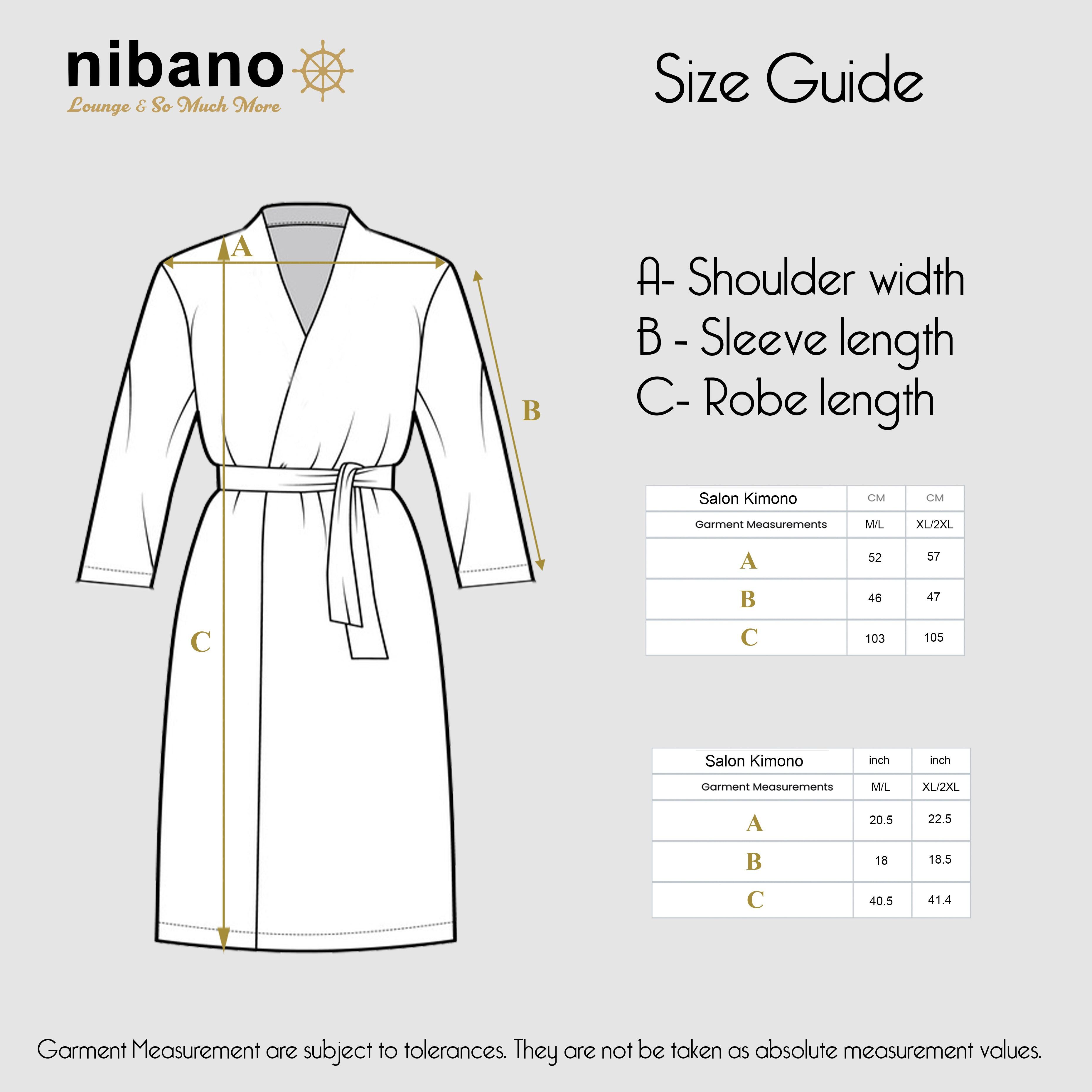 Nibano Salon Kimono Gown Navy size chart