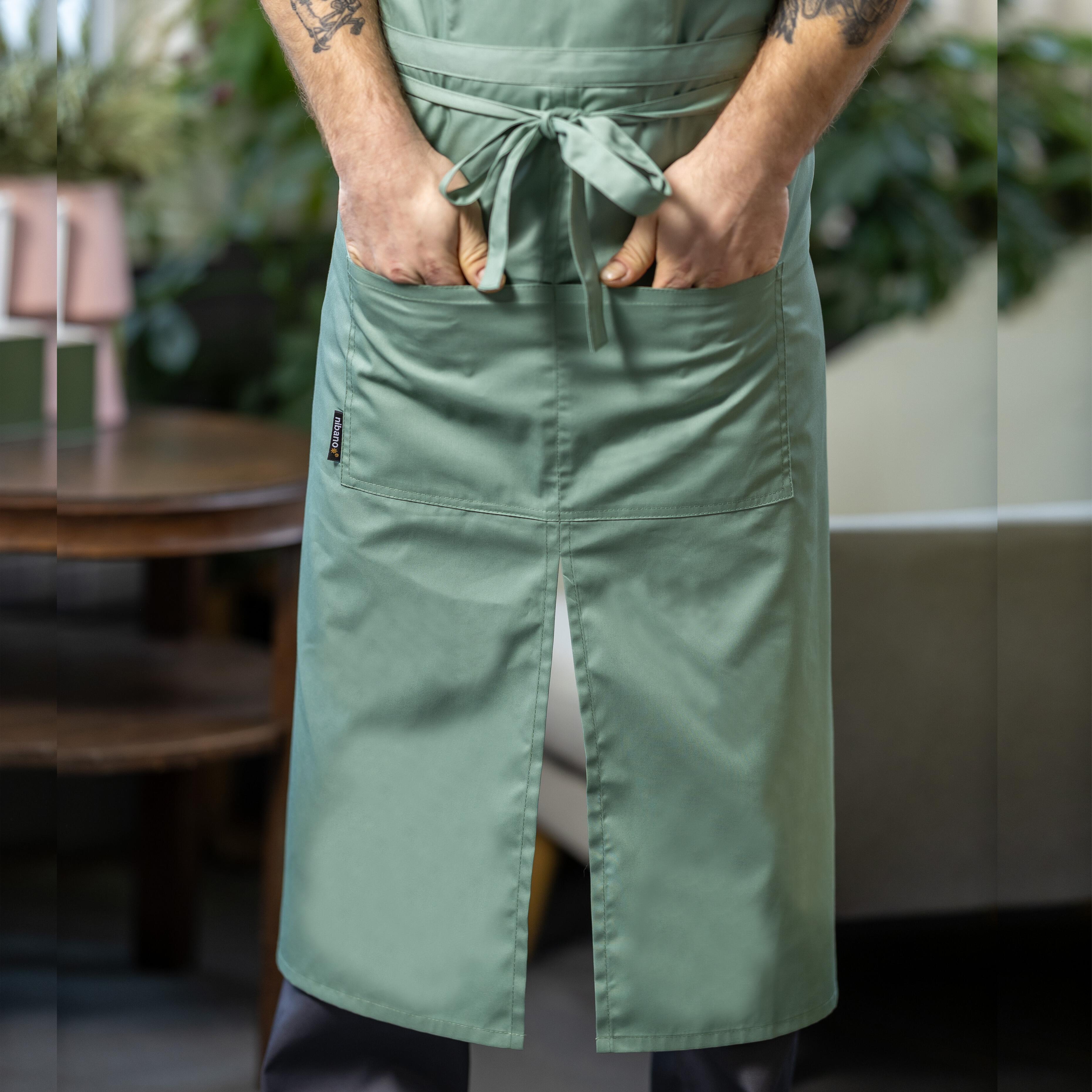 Long Waist Split Leg Apron Pockets Olive for restaurants