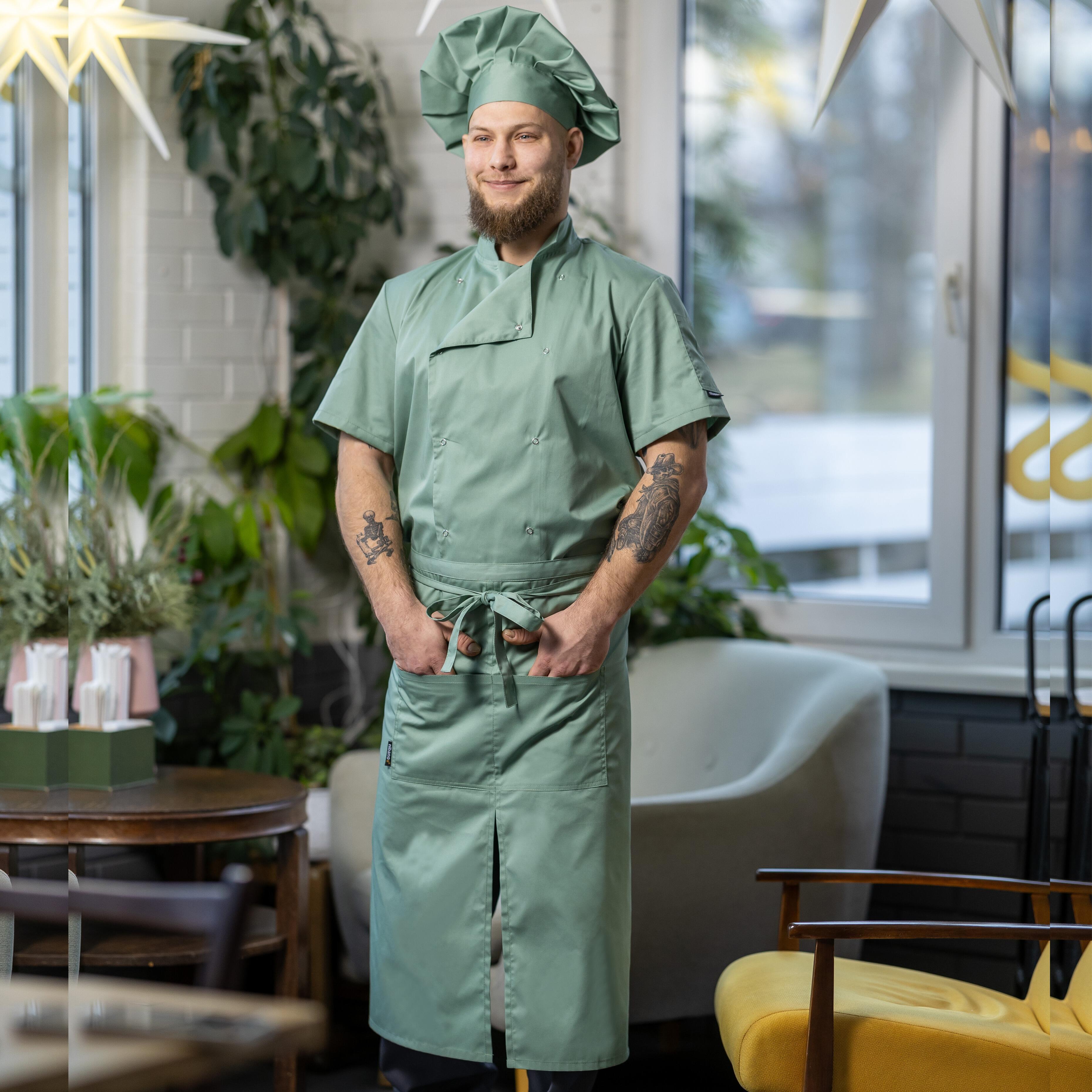 Olive Long Waist Split Leg Apron with logo