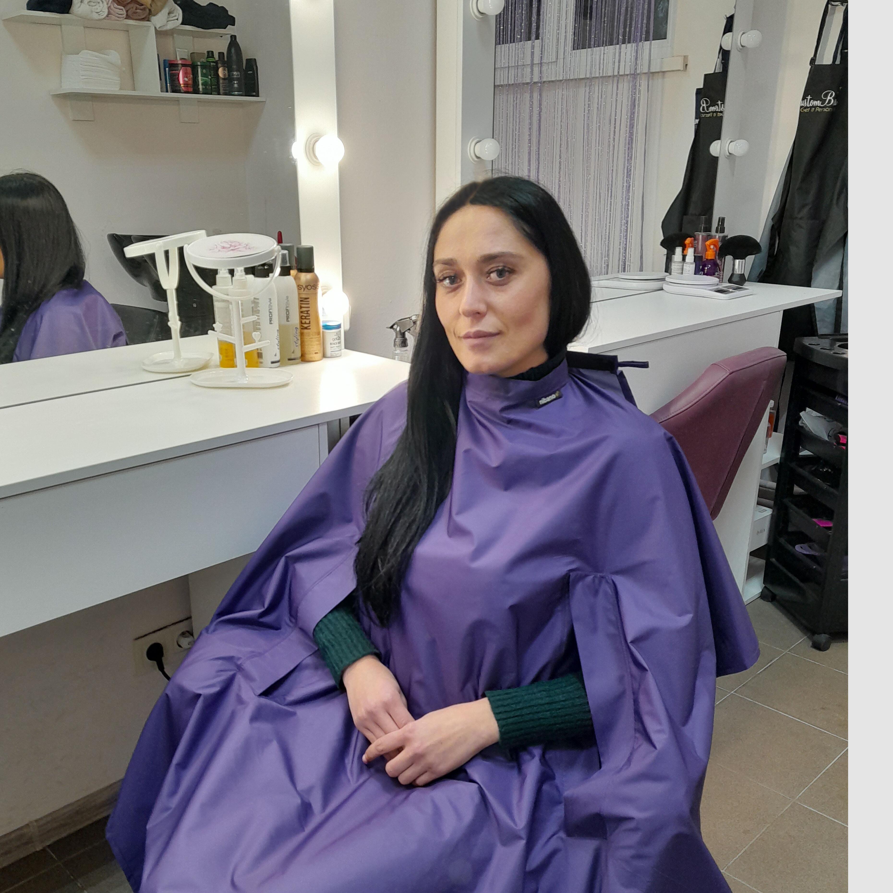 Nibano salon cape purple with handsplit