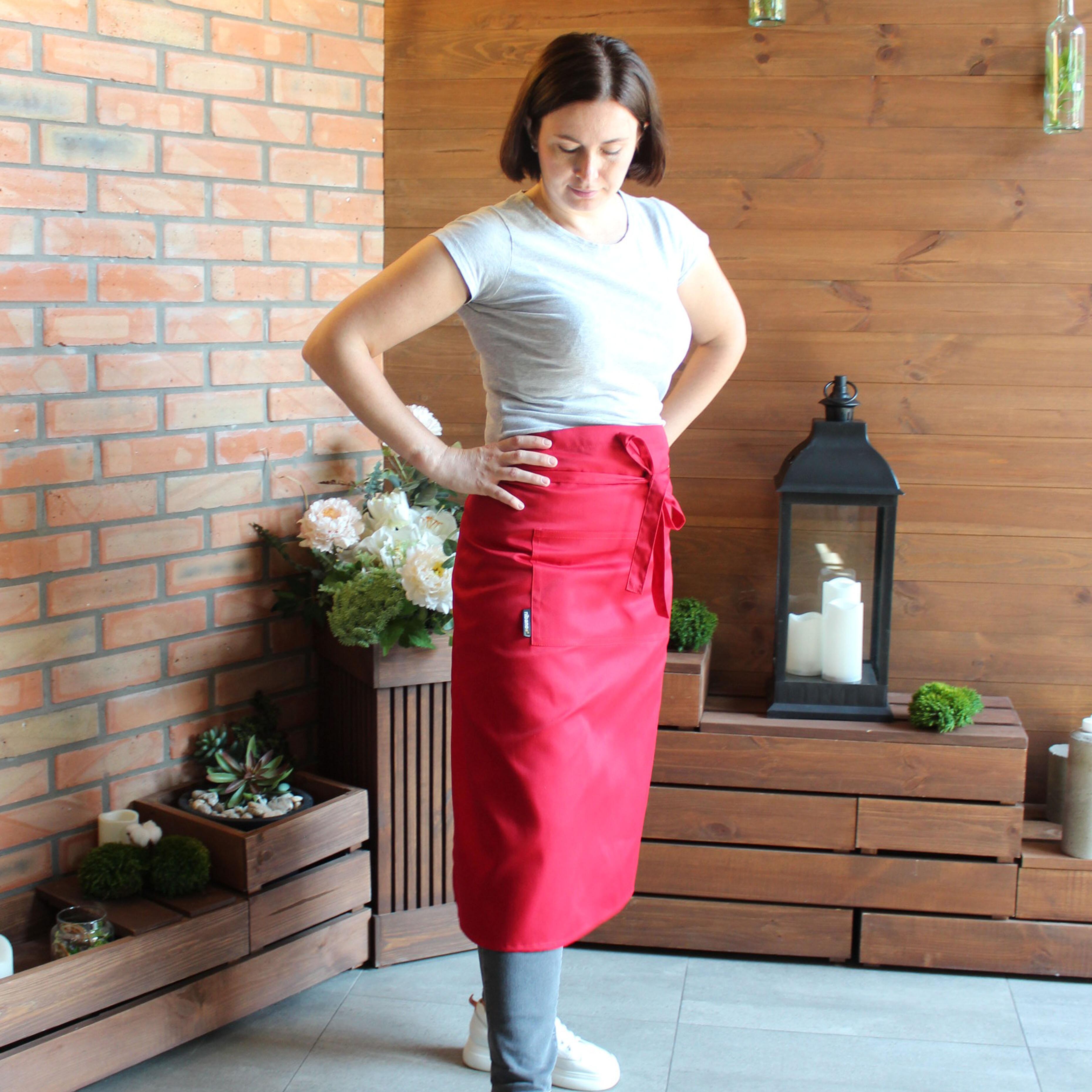 Red Long Waist Apron Pockets  Uniform for the restoraunt