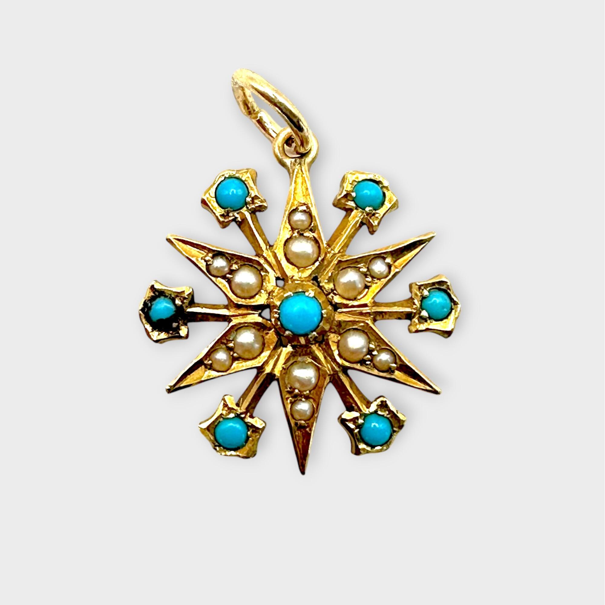 Victorian 15k gold turquoise and pearl star pendant on grey background.