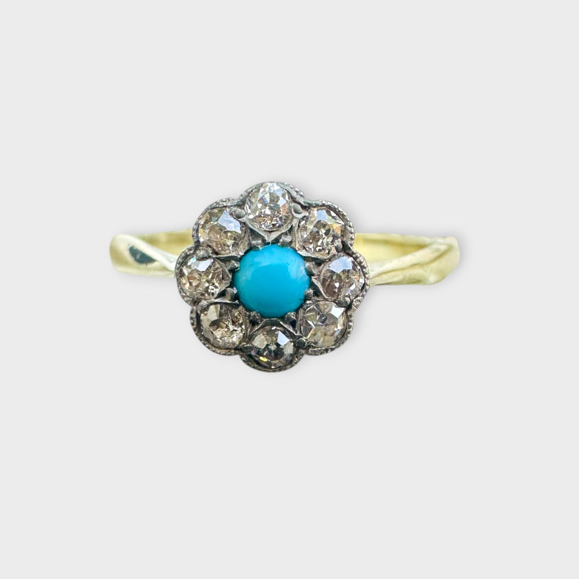 Front view of Edwardian 18k gold turquoise and diamond daisy cluster ring