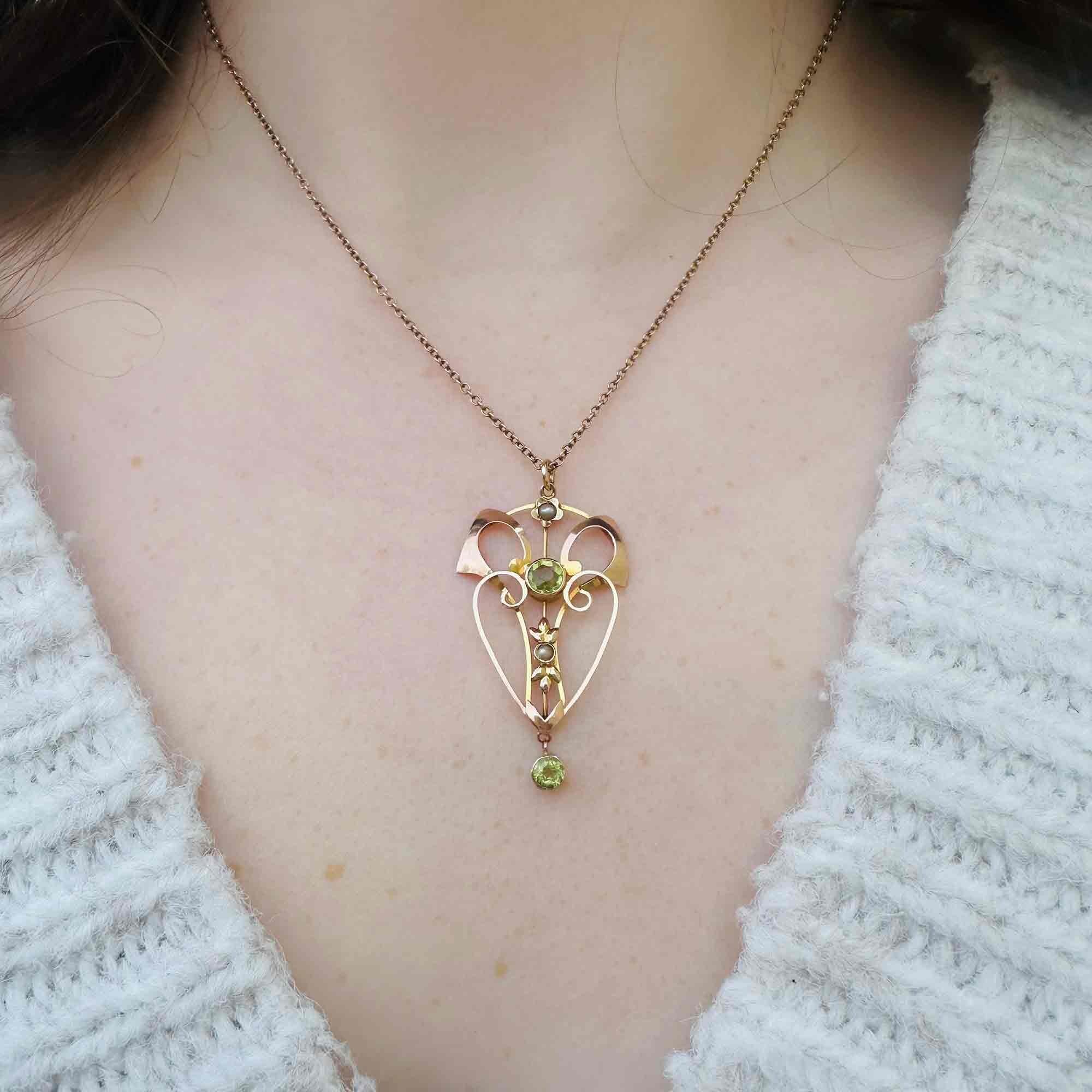 Rose Gold Peridot & Pearl Heart Pendant worn on models neck