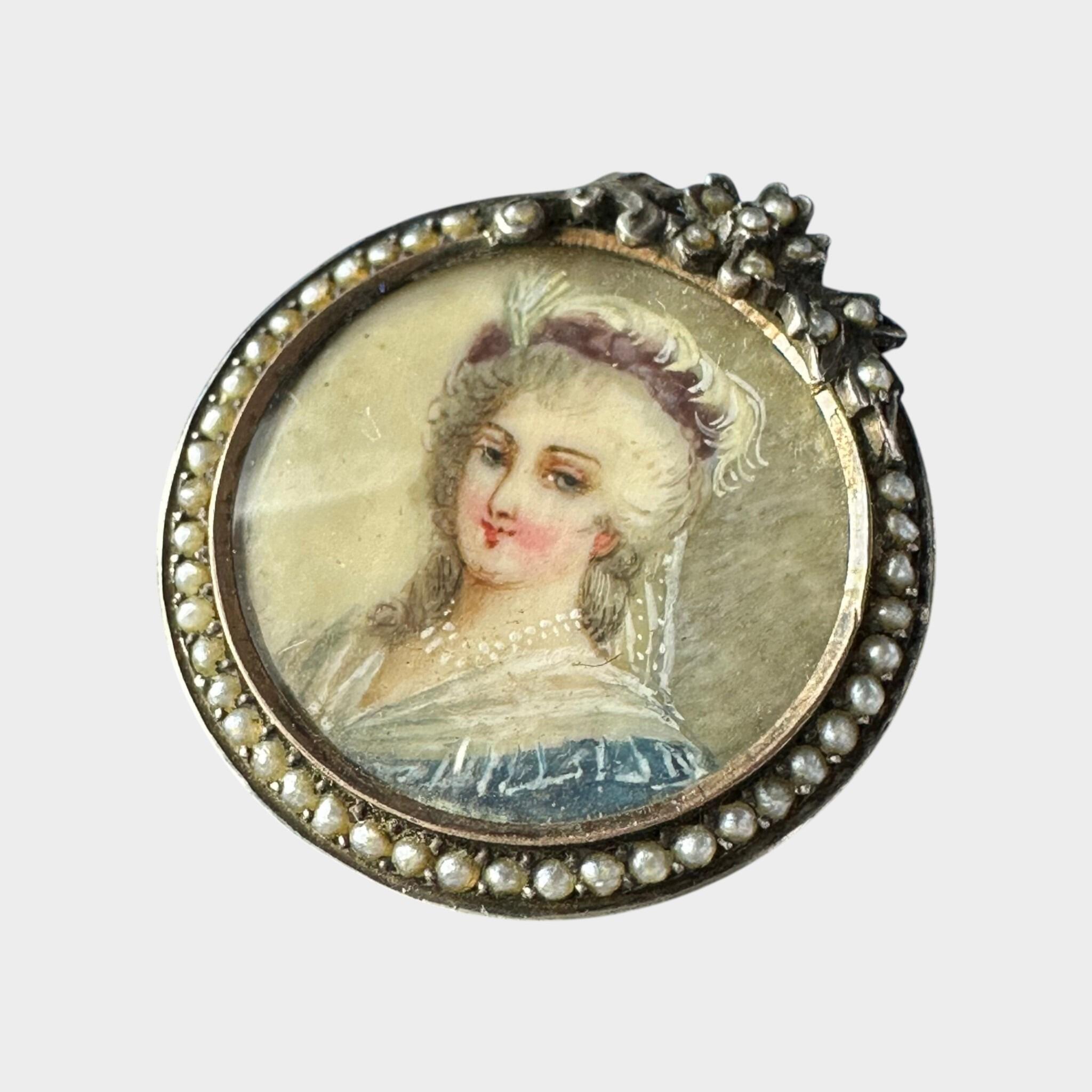 Georgian Marie Antoinette & Silver Seed Pearl Portrait Brooch with grey background