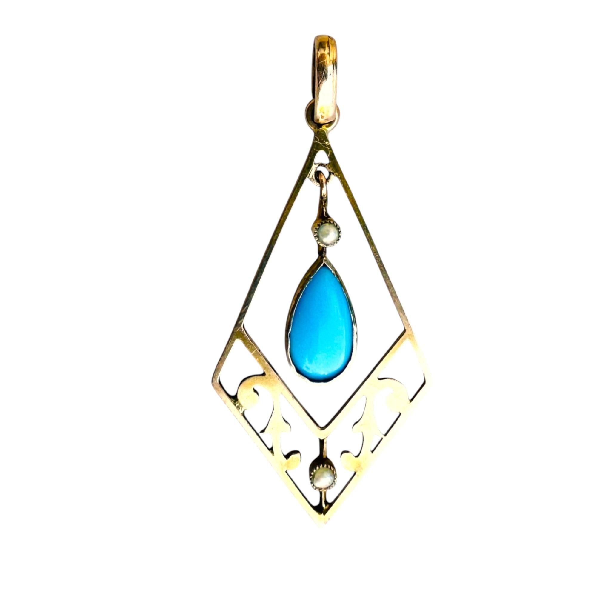 Art Nouveau 9k gold pendant with turquoise drop and seed pearl – front view