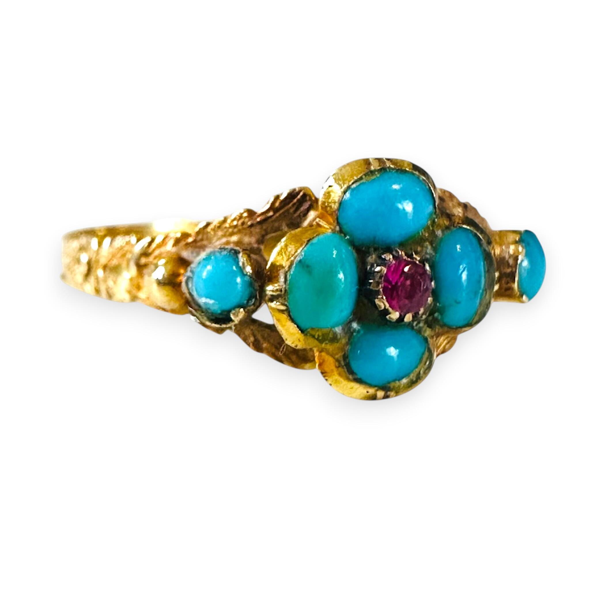 side view of Georgian 18ct Gold, Turquoise & Ruby Forget-Me -Not Ring with white background