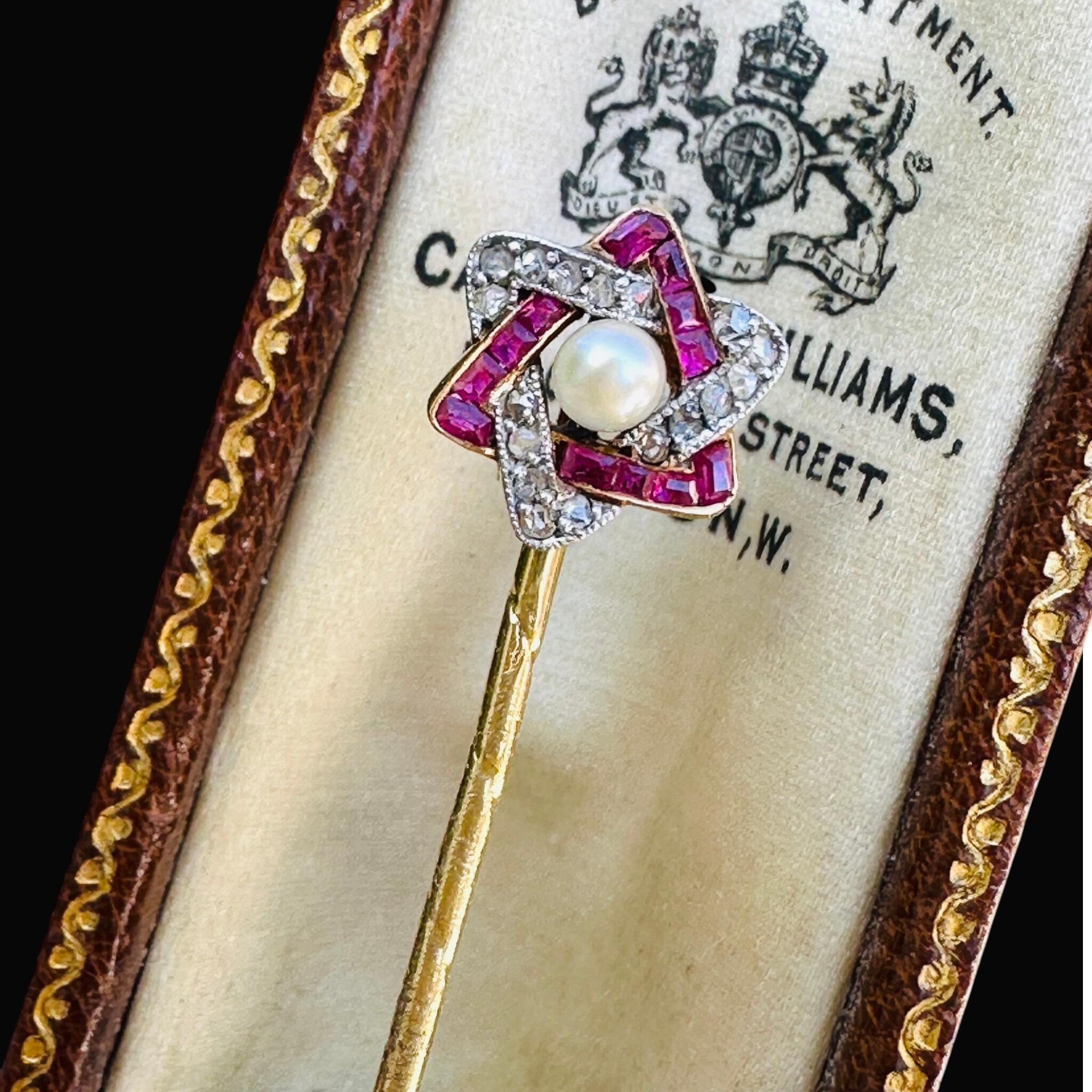 Antique Ruby Diamond & Pearl Star Stick Pin in Original Box with black backdrop