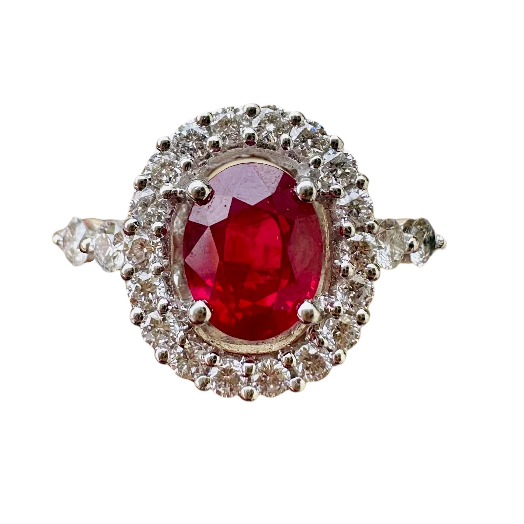 front view of 18k White Gold, Oval Ruby & Diamond Halo Cluster Ring with white background