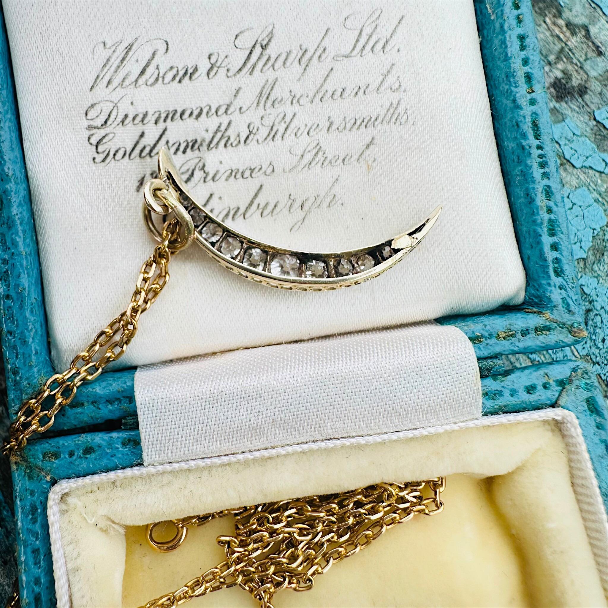 Victorian Diamond Crescent Moon Pendant – 0.80ct Old Cut Diamonds in Silver & 15k Gold, displayed in antique box.