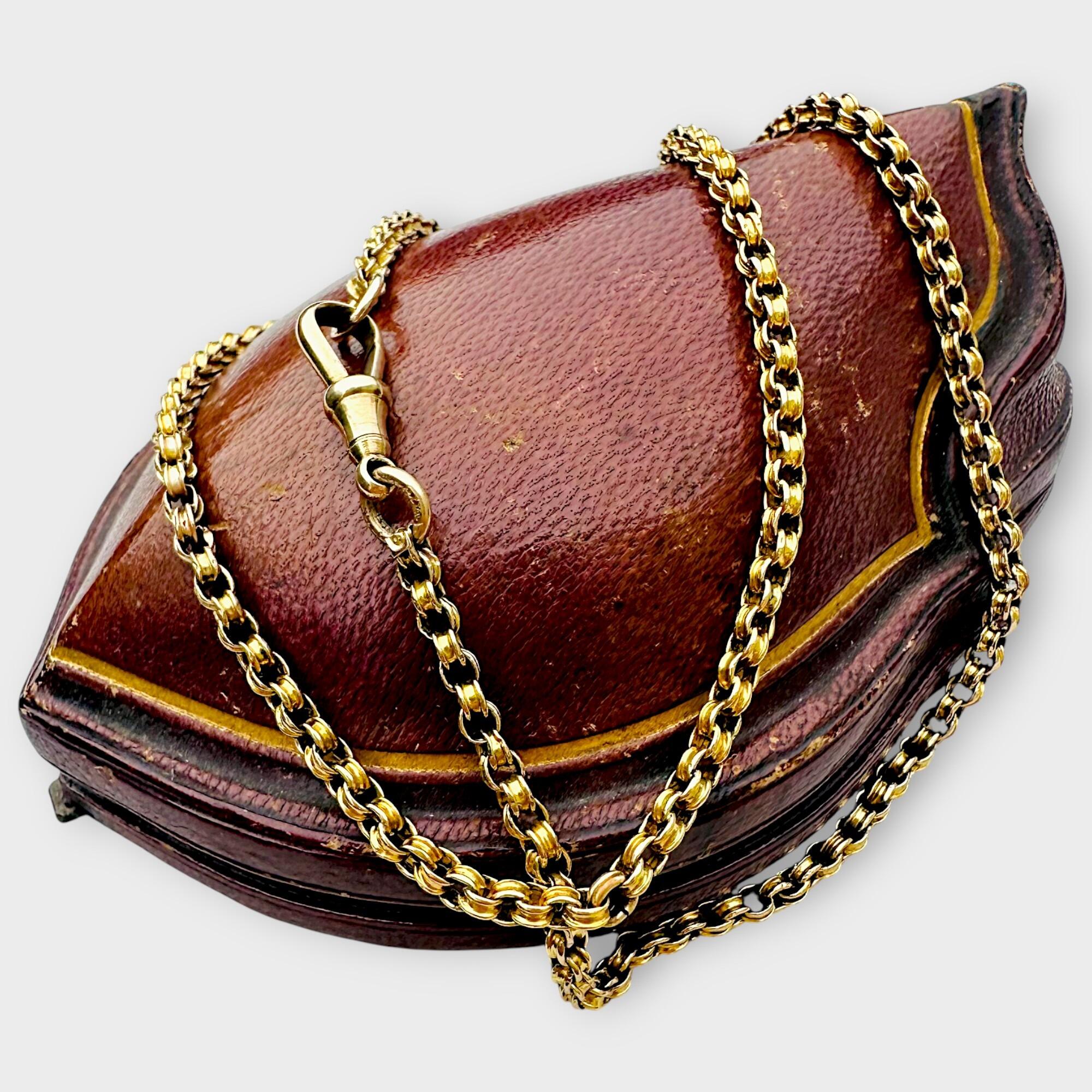 Antique 9k Gold Double Belcher Link Chain with Dog Clip Clasp displayed on red antique box