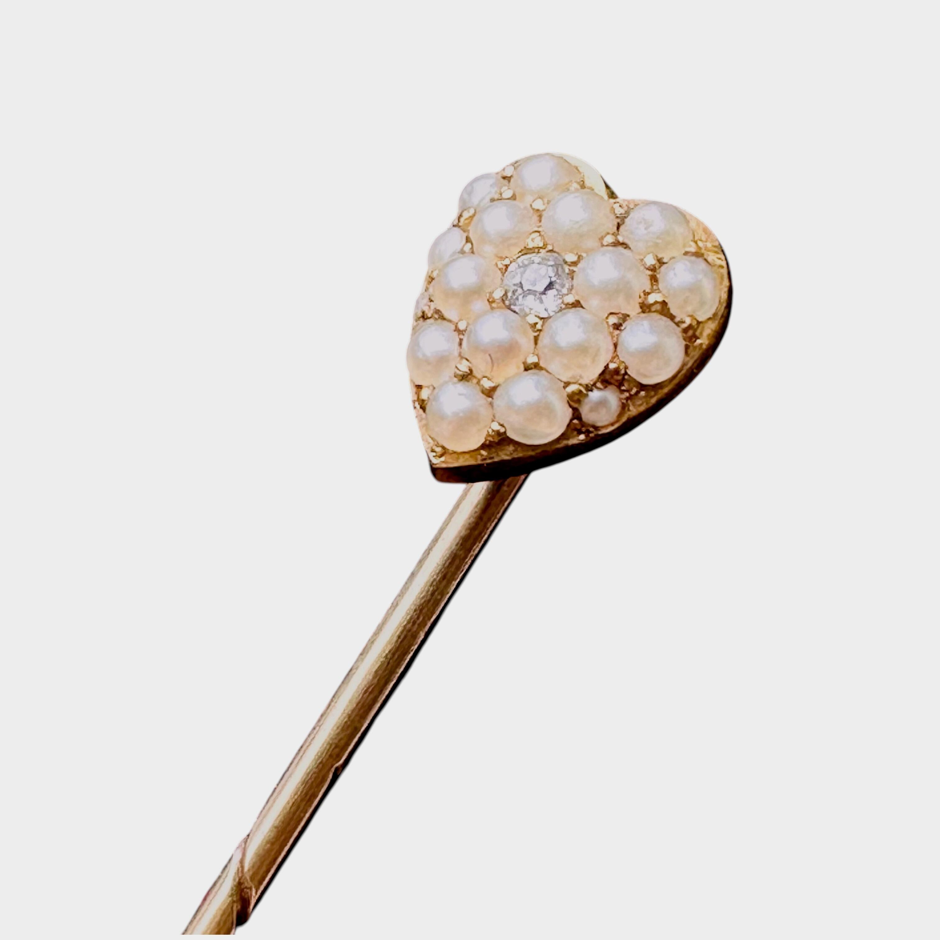 side profile of 15k Gold Heart-Shaped Pearl & Diamond Stick Pin, grey background.