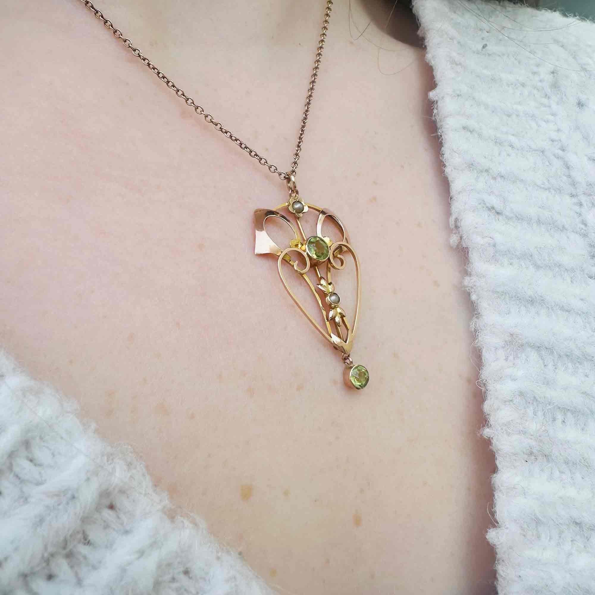 art Nouveau 9k Rose Gold Peridot & Pearl Heart Pendant worn on models neck