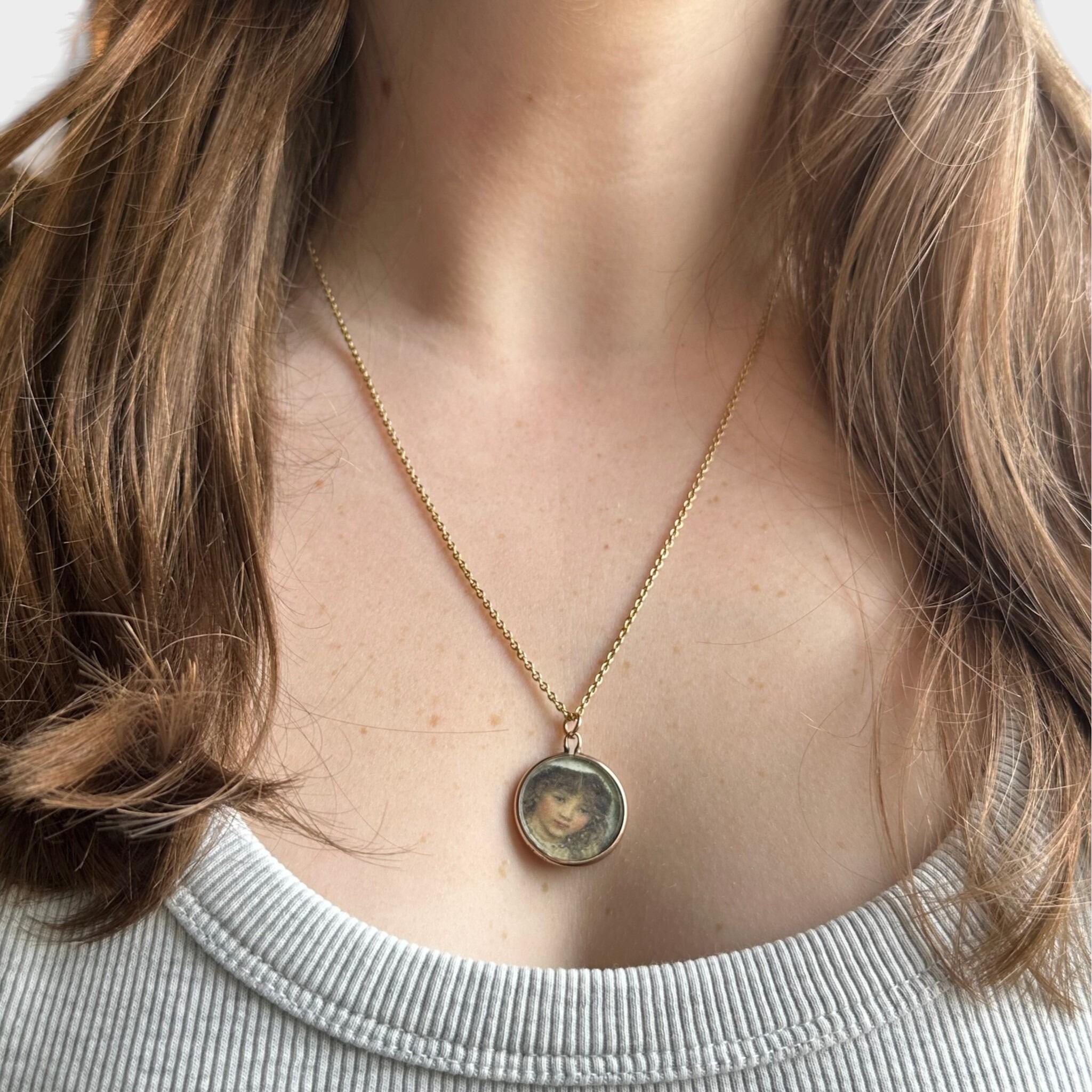 Art Nouveau Rose Gold Locket with Portrait worn on gold chain around