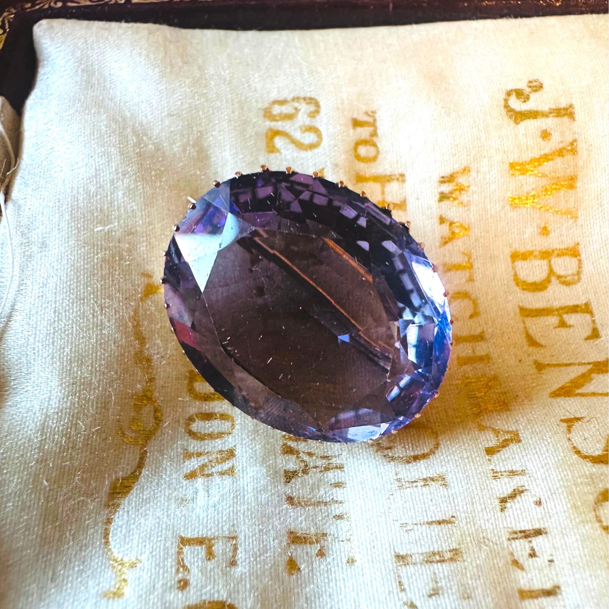Victorian Amethyst Brooch 15k Gold, Rose de France Amethyst Oval Brooch displayed on antique box
