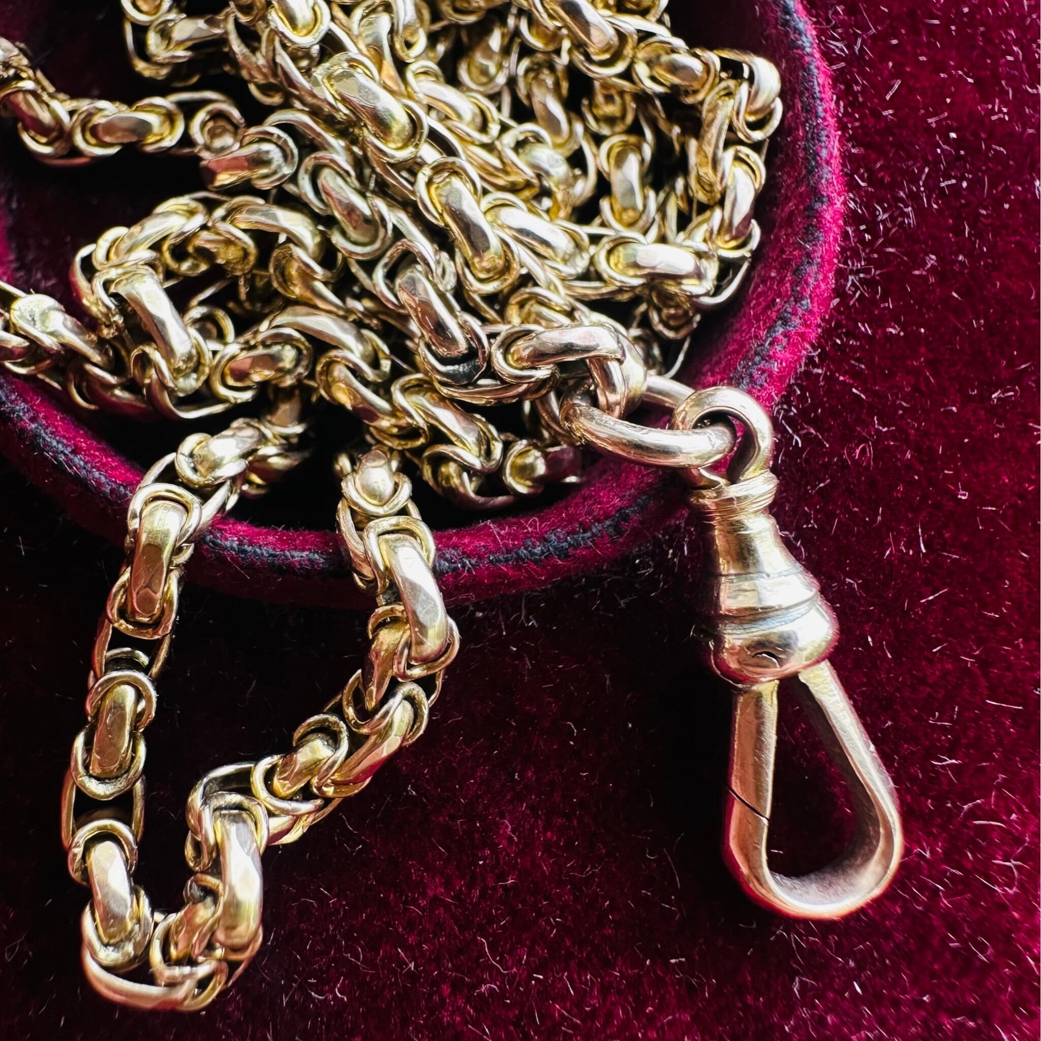 Victorian Gold Fancy Link Long Chain Necklace & Dog Clip displayed on red velvet antique box