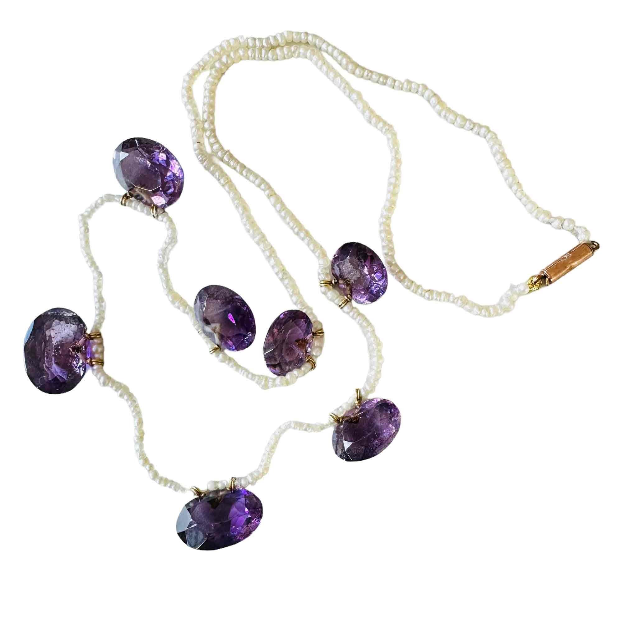 antique basra pearl necklace stationed with amethyst gemstones with white background