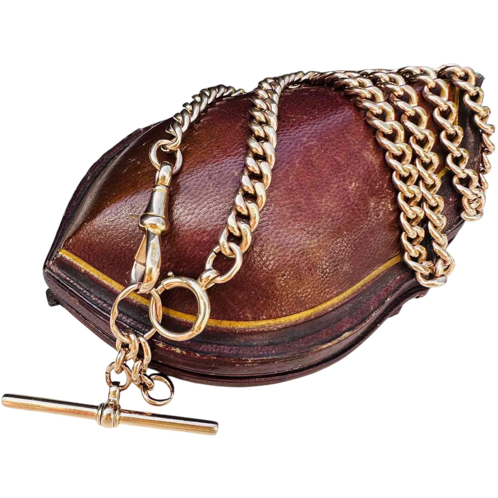 Edwardian 9k Rose Gold Curb Link Chain with T-Bar & Dog Clip fittings on antique box.