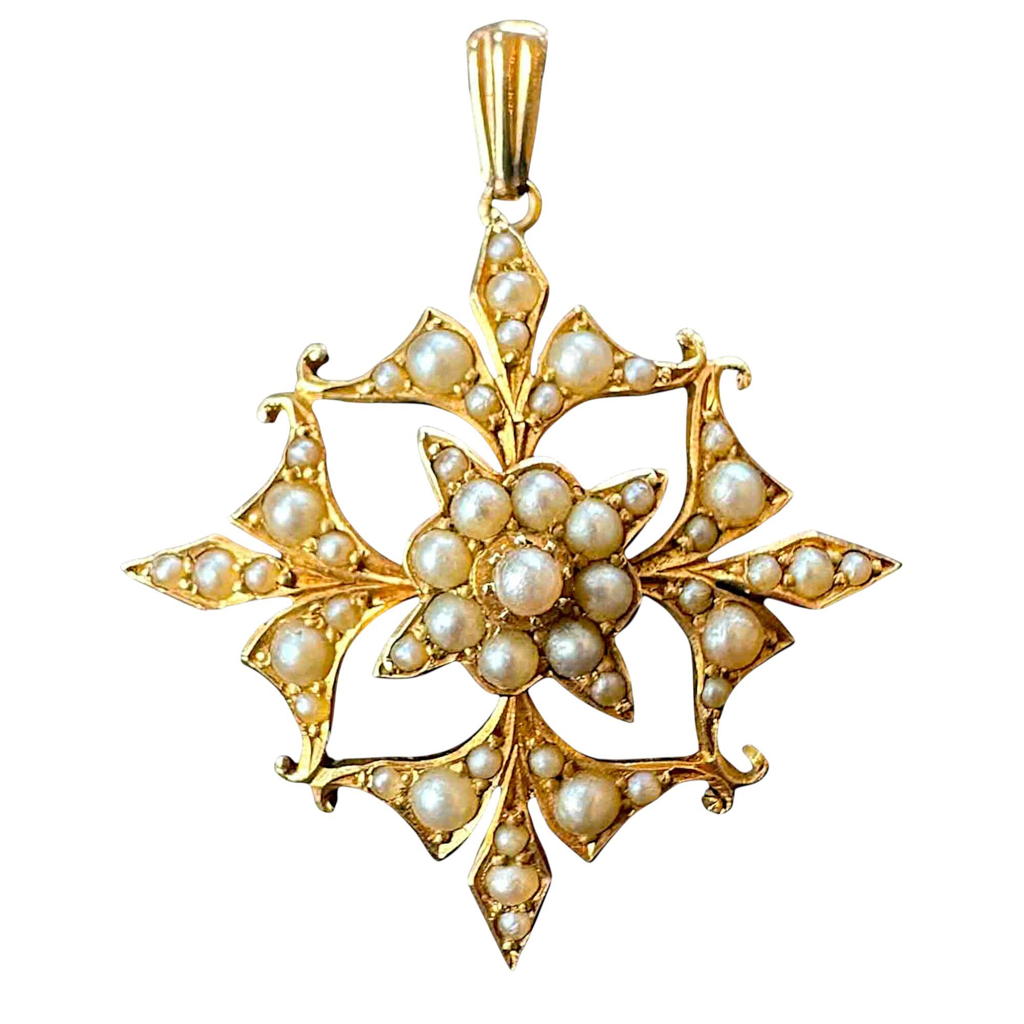 antique 15k gold art nouveau floral pendant cum brooch with seed pearls