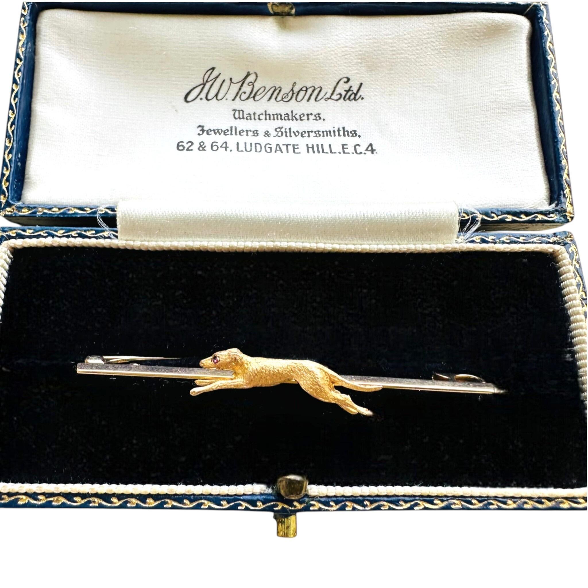 Greyhound 9k Gold Dog Pin with Ruby Eye & Original J W Benson Blue Leather Box