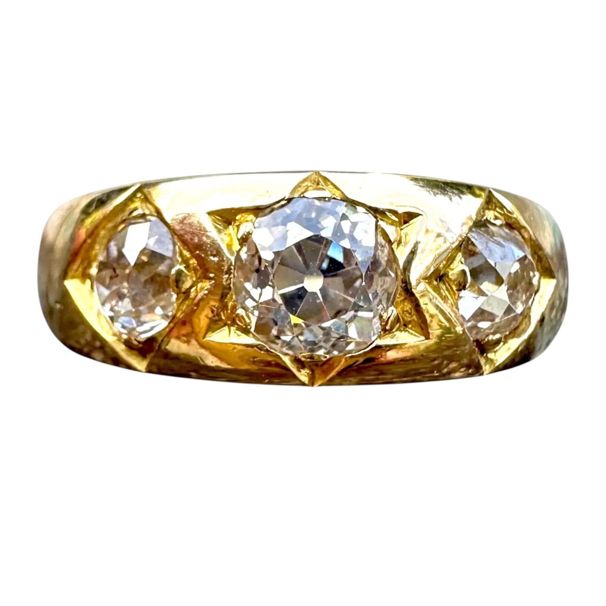 front view,18k Yellow Gold 3-Stone Diamond 1.50ct Gypsy Ring, white background.