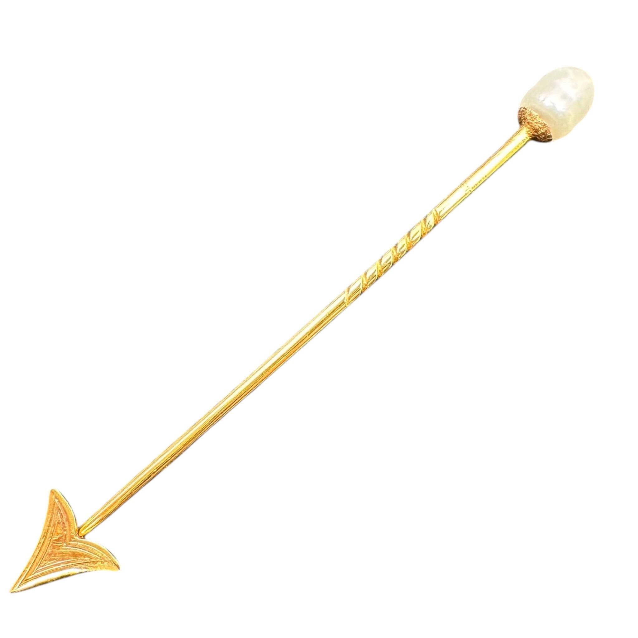 Antique Art Deco 14K Gold Pearl Arrow Jabot Pin with white background
