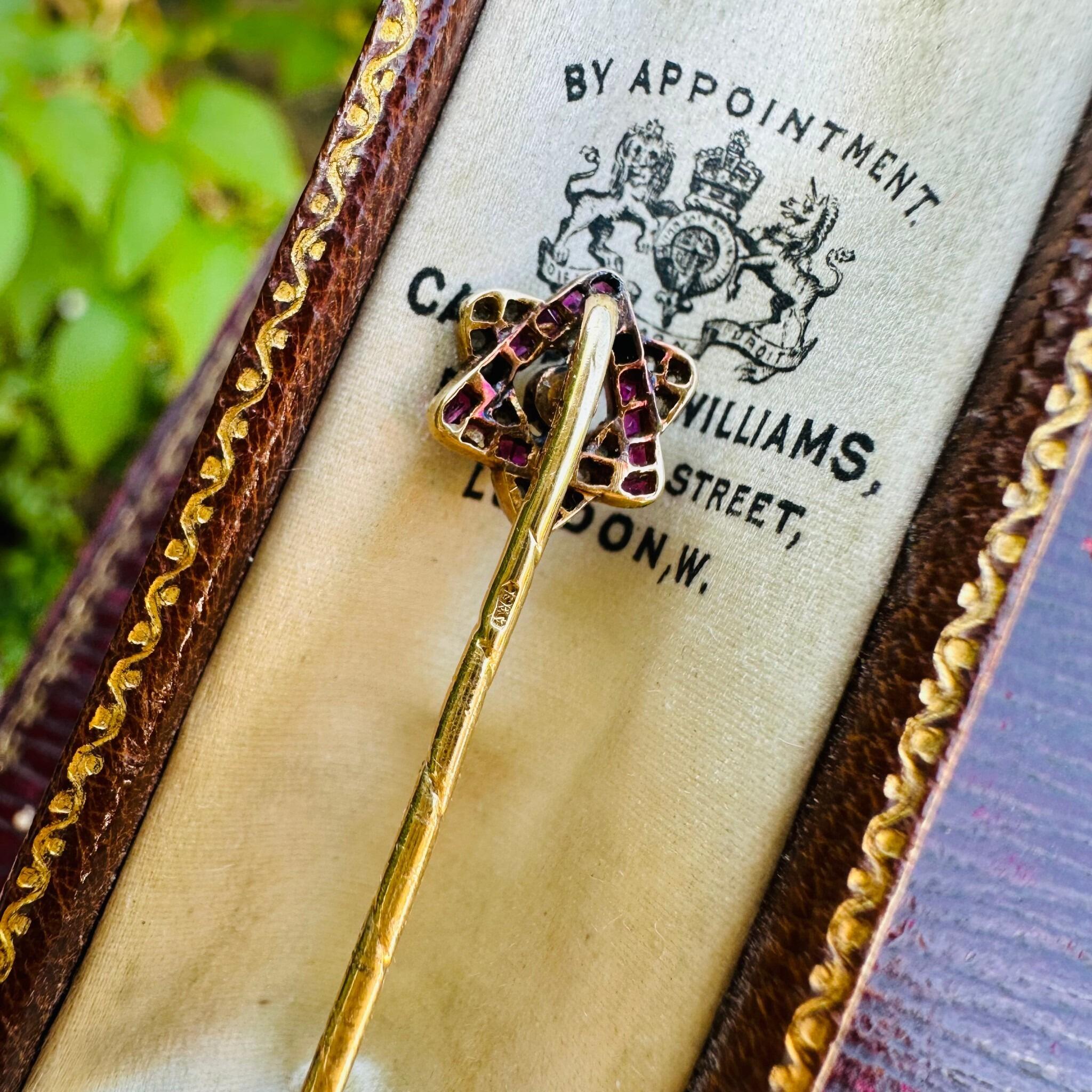 rear view of Antique Ruby Diamond & Pearl Star Stick Pin in Original Box in garden