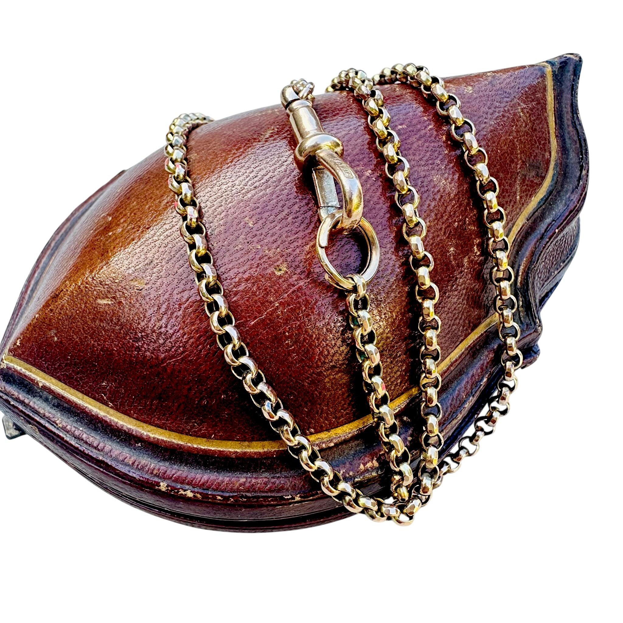 Antique Victorian Rose Gold Belcher Chain, Dog Clip & Split Ring clasp displayed on red antique box , with white background