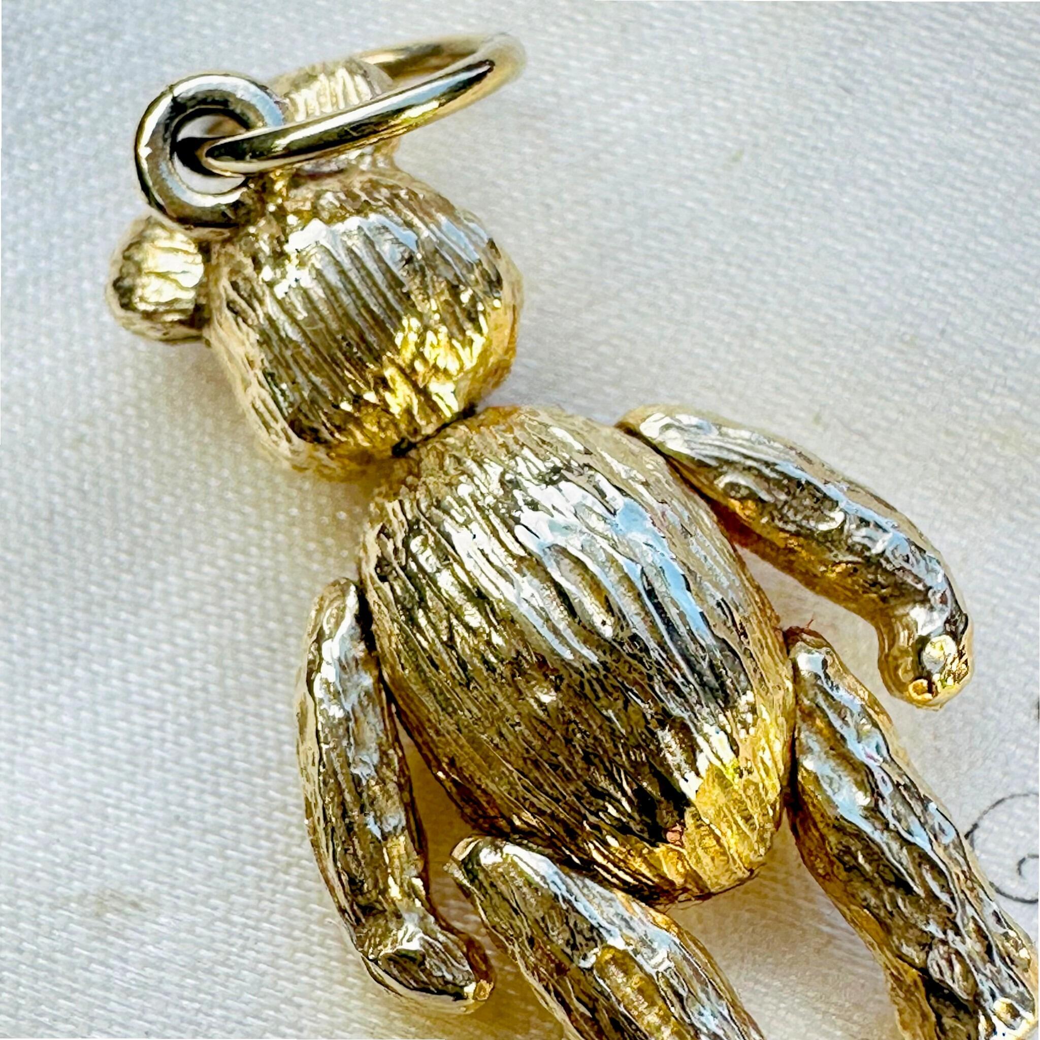 rear and close up view of Vintage Gold Articulated Teddy Bear Charm Pendant,