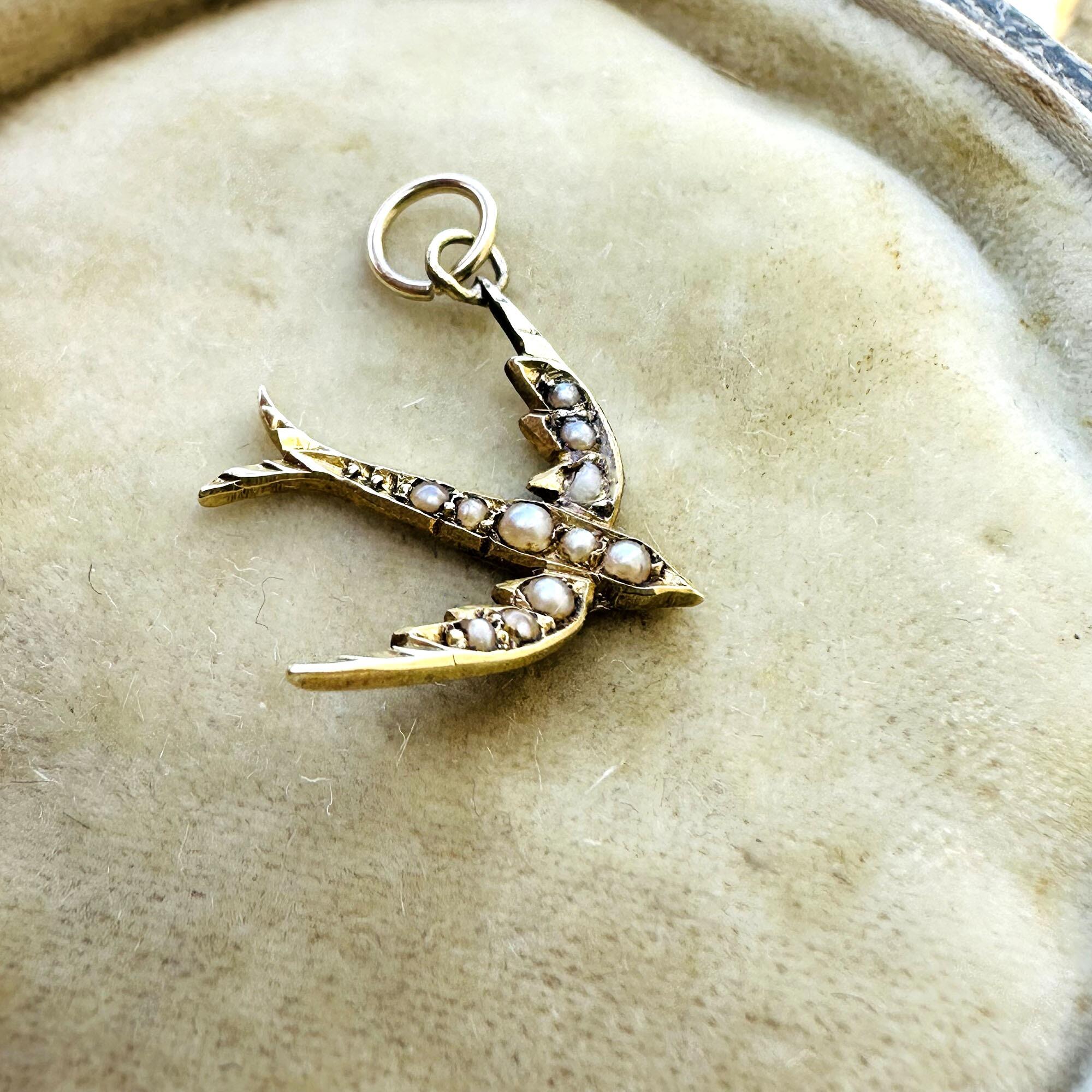 Edwardian 15k gold seed pearl swallow pendant / charm on antique box.