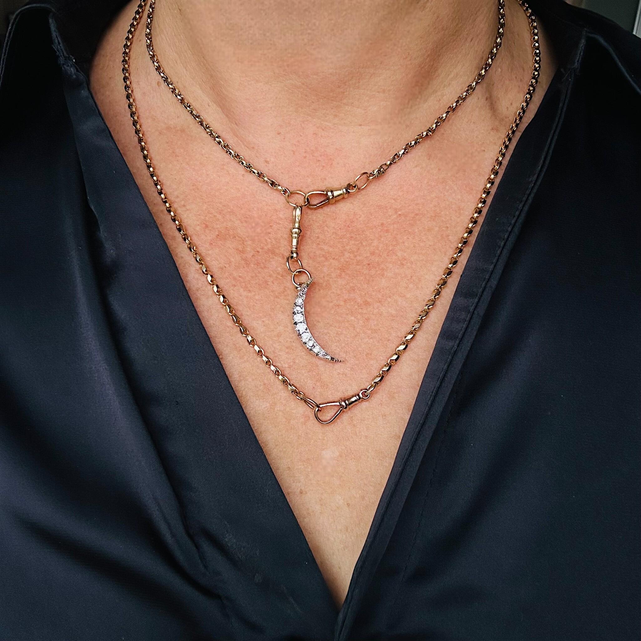 Victorian Diamond Crescent Moon Pendant – 0.80ct Old Cut Diamonds in Silver & 15k Gold, worn on model.