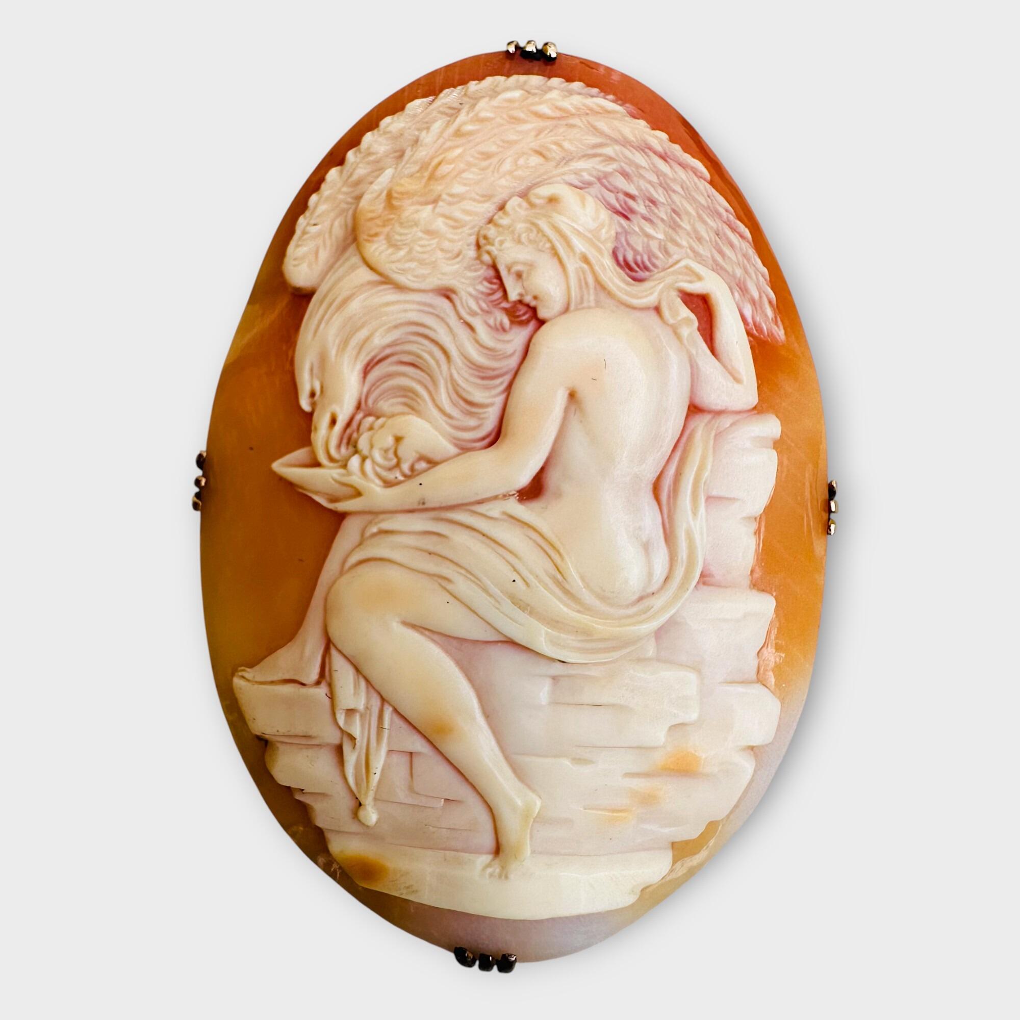 Antique Cameo Brooch – Hebe Feeding the Eagle of Zeus, grey background.