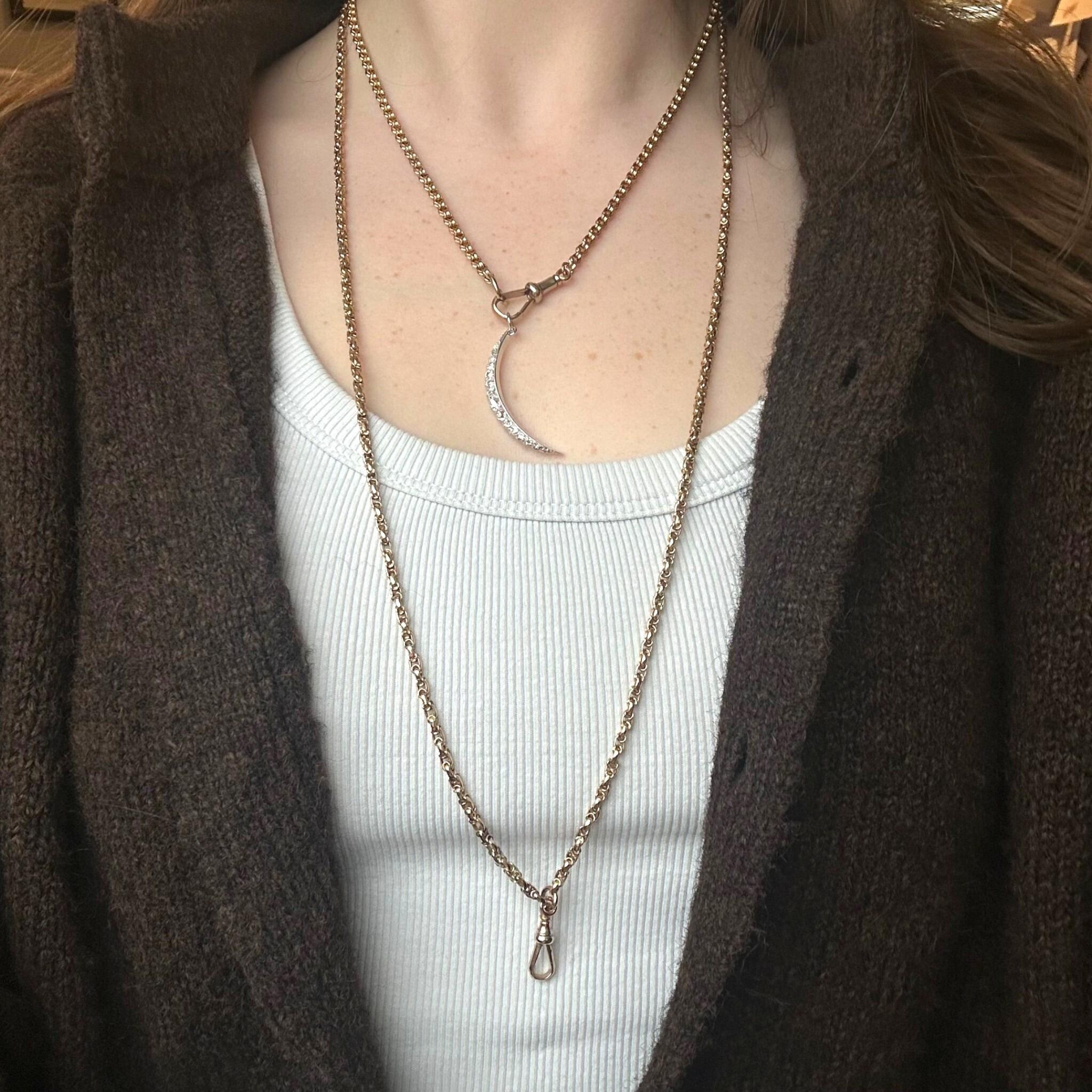 Victorian Gold Fancy Link Long Chain Necklace & Dog Clip worn on models neck