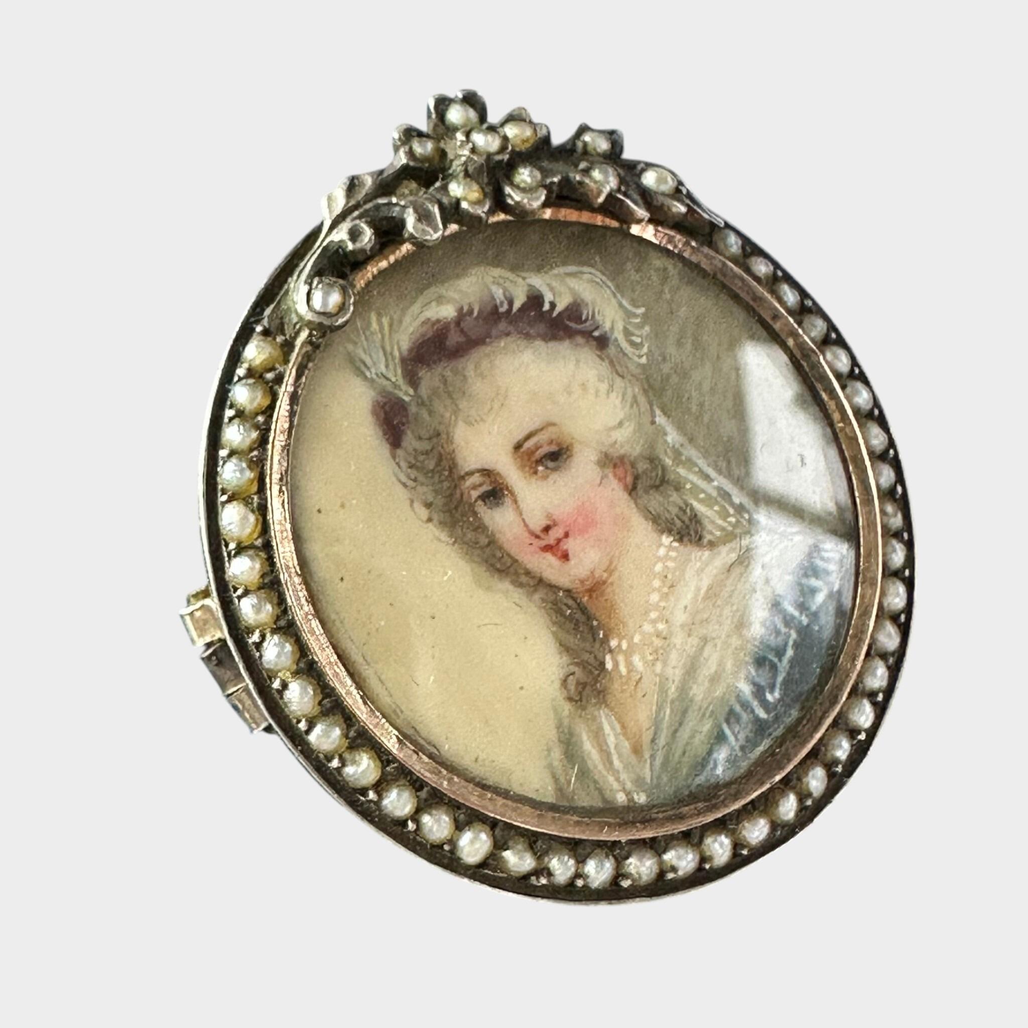 side profile Georgian Marie Antoinette & Silver Seed Pearl Portrait Brooch with grey background