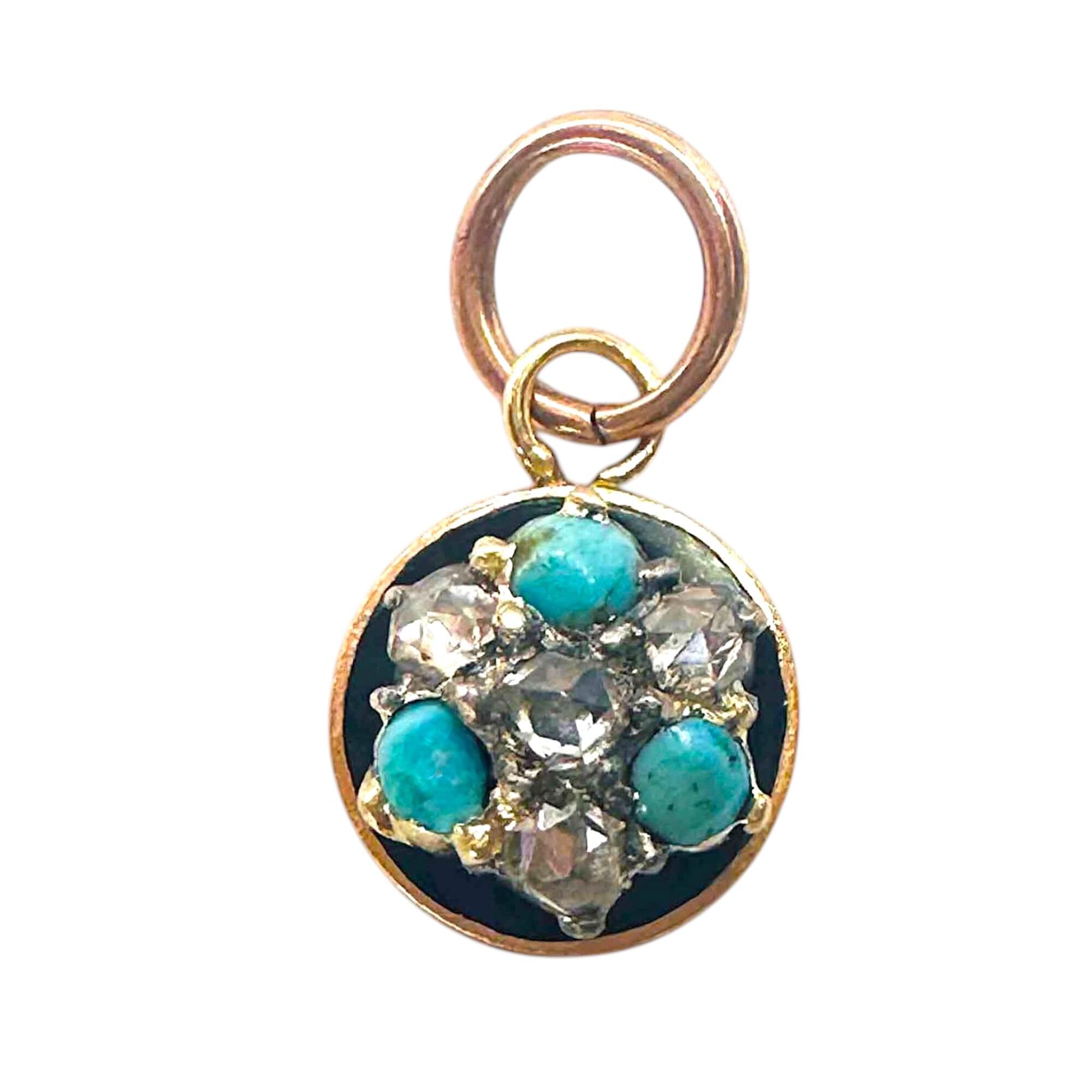 Victorian 15ct rose gold round charm or pendant with black enamel studded with turquoise and diamond gemstones