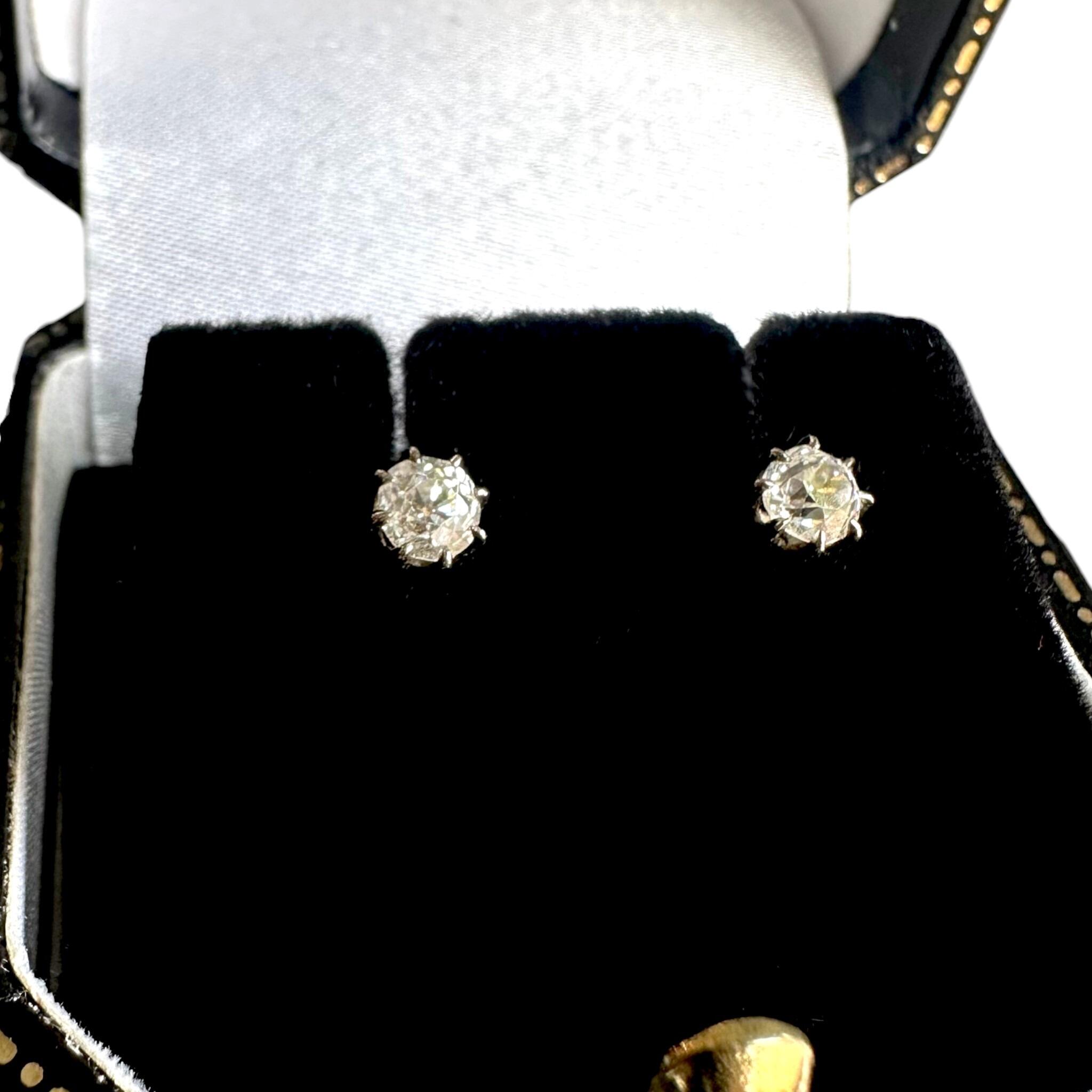 Antique 18k Gold Old European Cut Diamond Stud Earrings displayed jewellery box