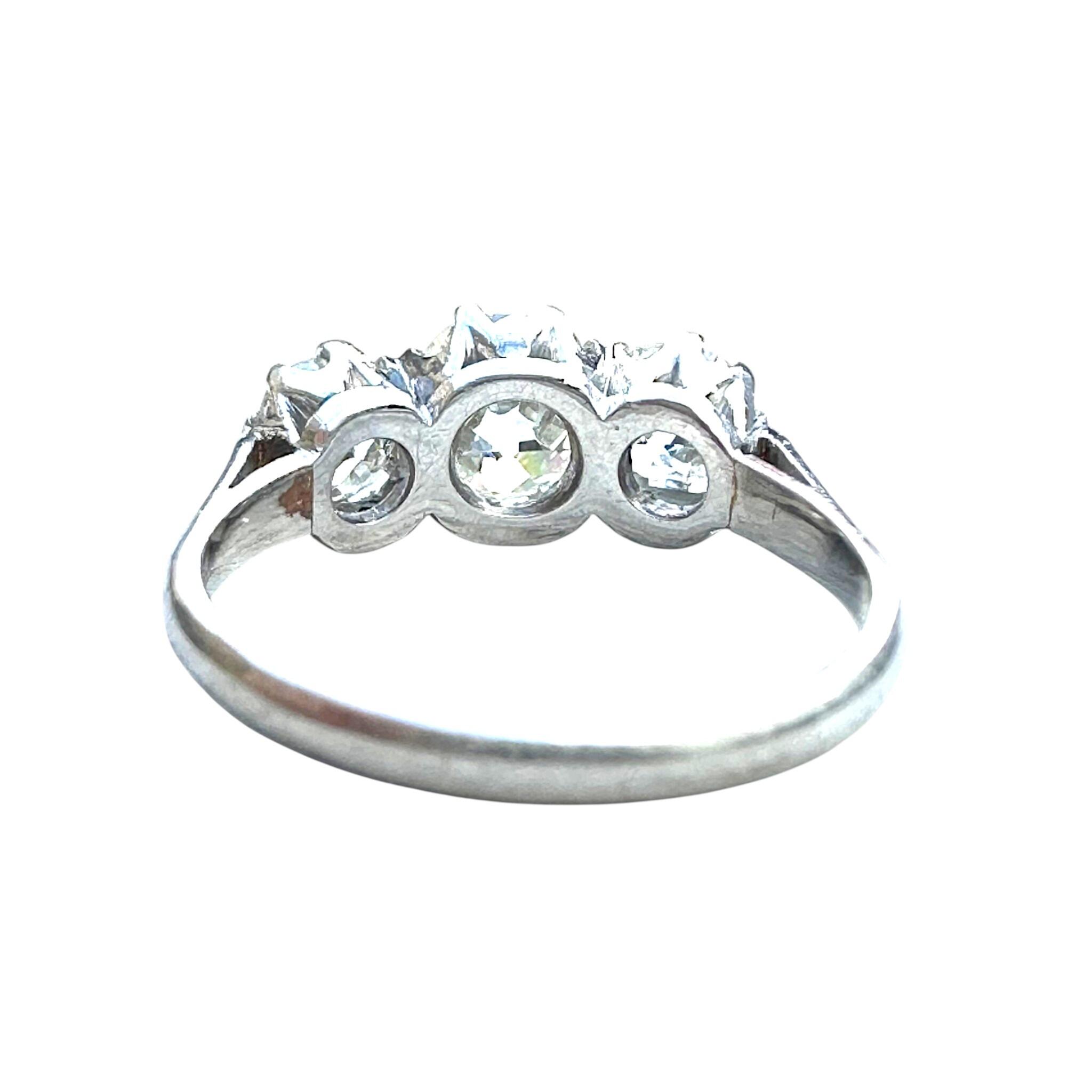 rear view of Antique Platinum Old Cushion Cut Diamond Trilogy Ring with white background