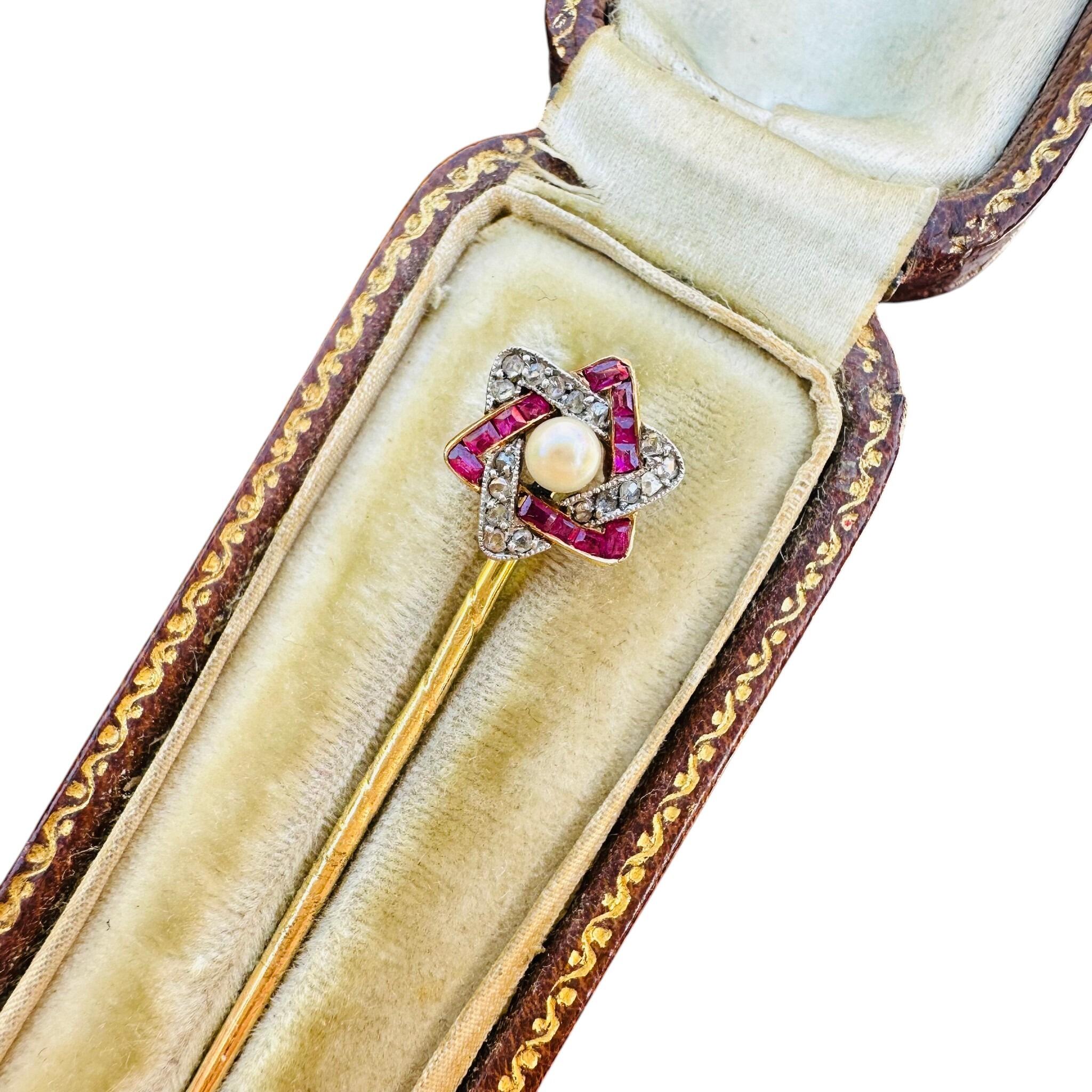 Antique Ruby Diamond & Pearl Star Stick Pin in Original Box with white background