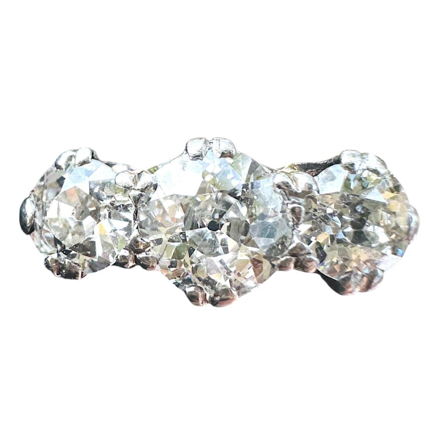 front view of Antique Art Deco18K White Gold & Platinum, Old European Cut Diamond Trilogy Ring with white background