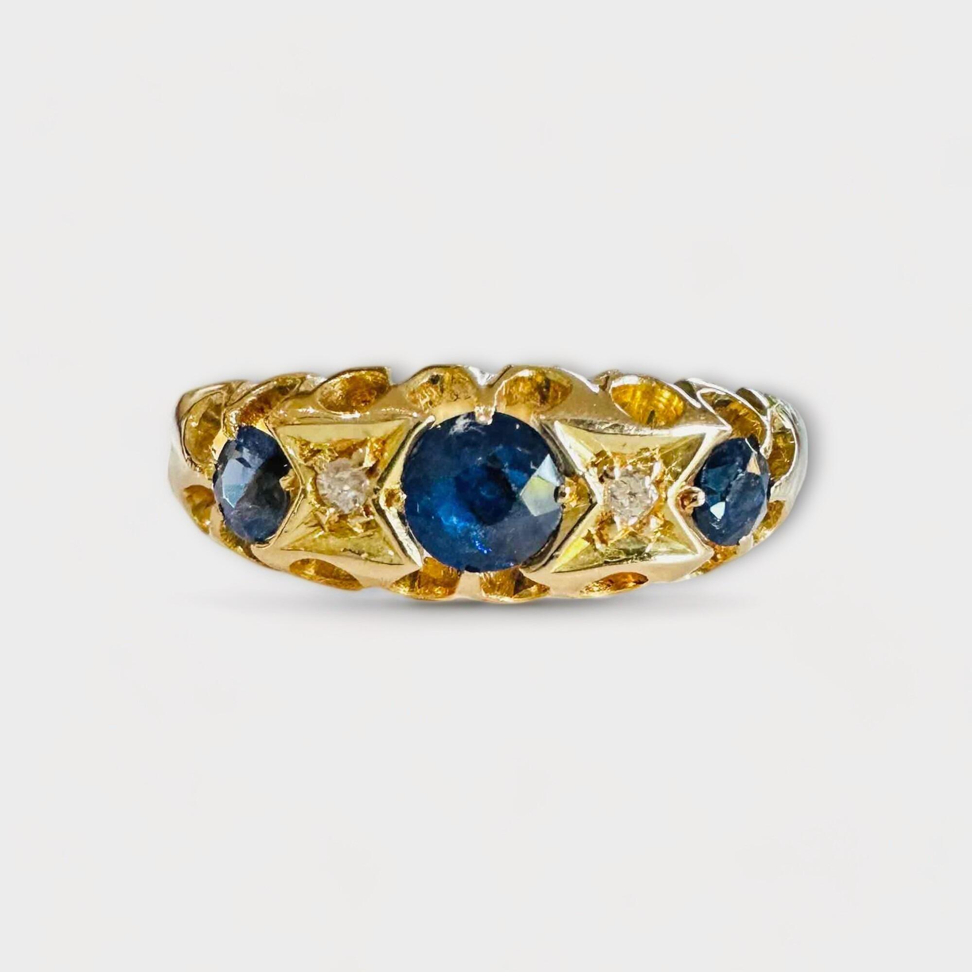 Vintage Sapphire and Diamond Boat Ring - Royal Blue Sapphires and Rose ...