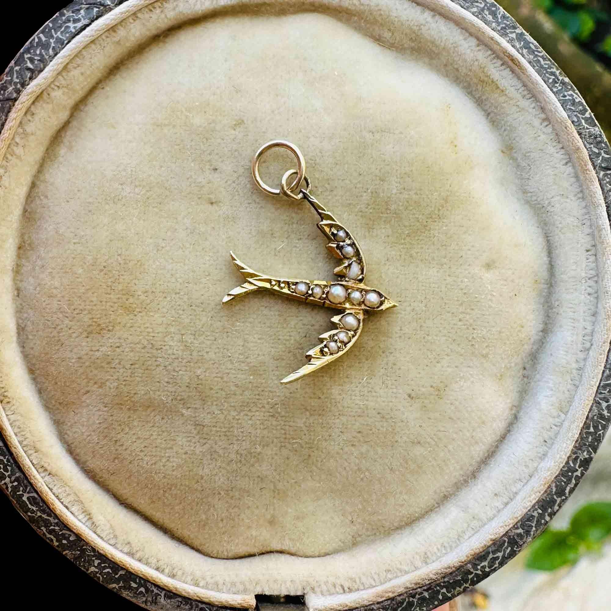 Edwardian 15k gold seed pearl swallow pendant / charm on antique box.