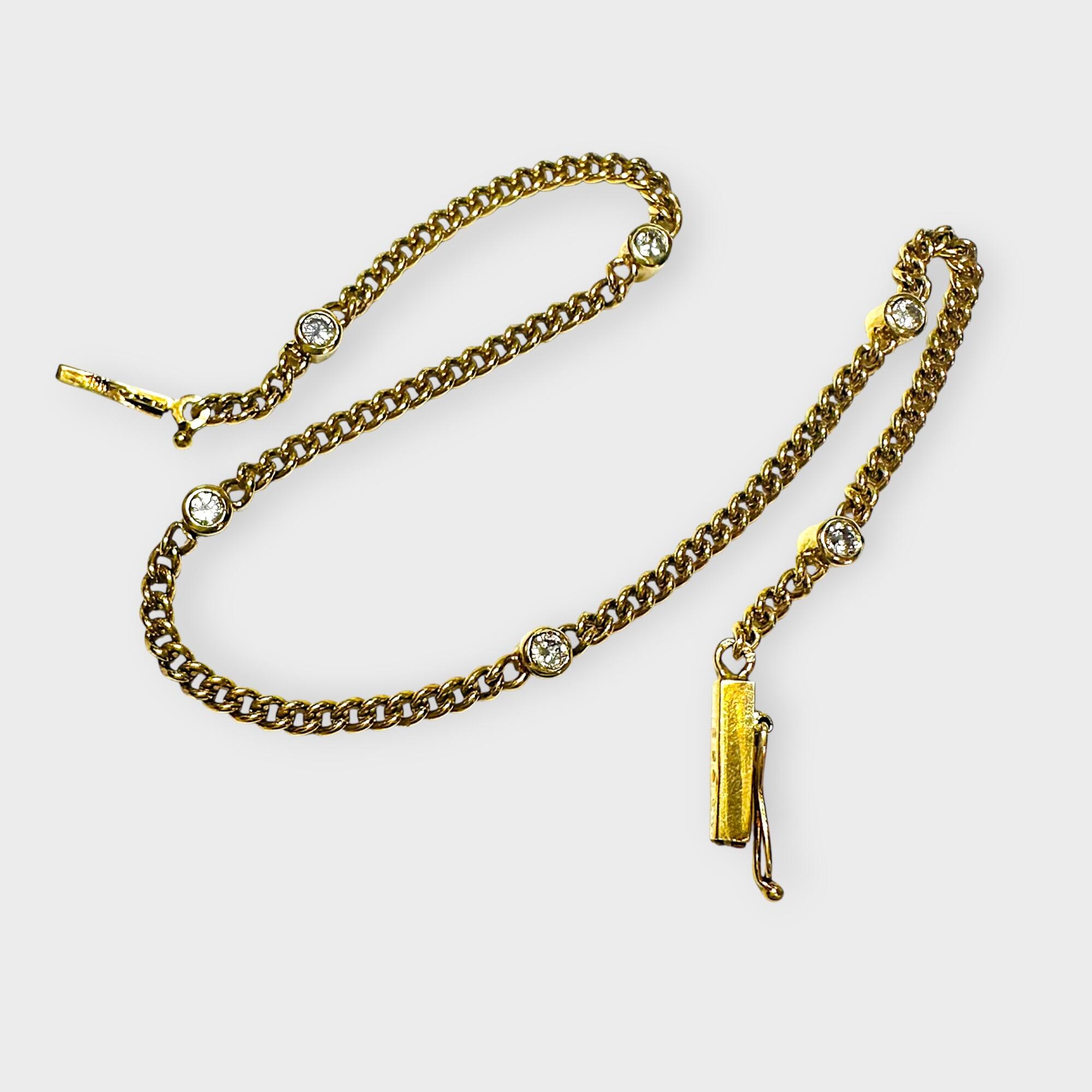 18ct Gold & Diamond Station Curb Link Bracelet – 7.5″ / 19cm, London 1978, grey background